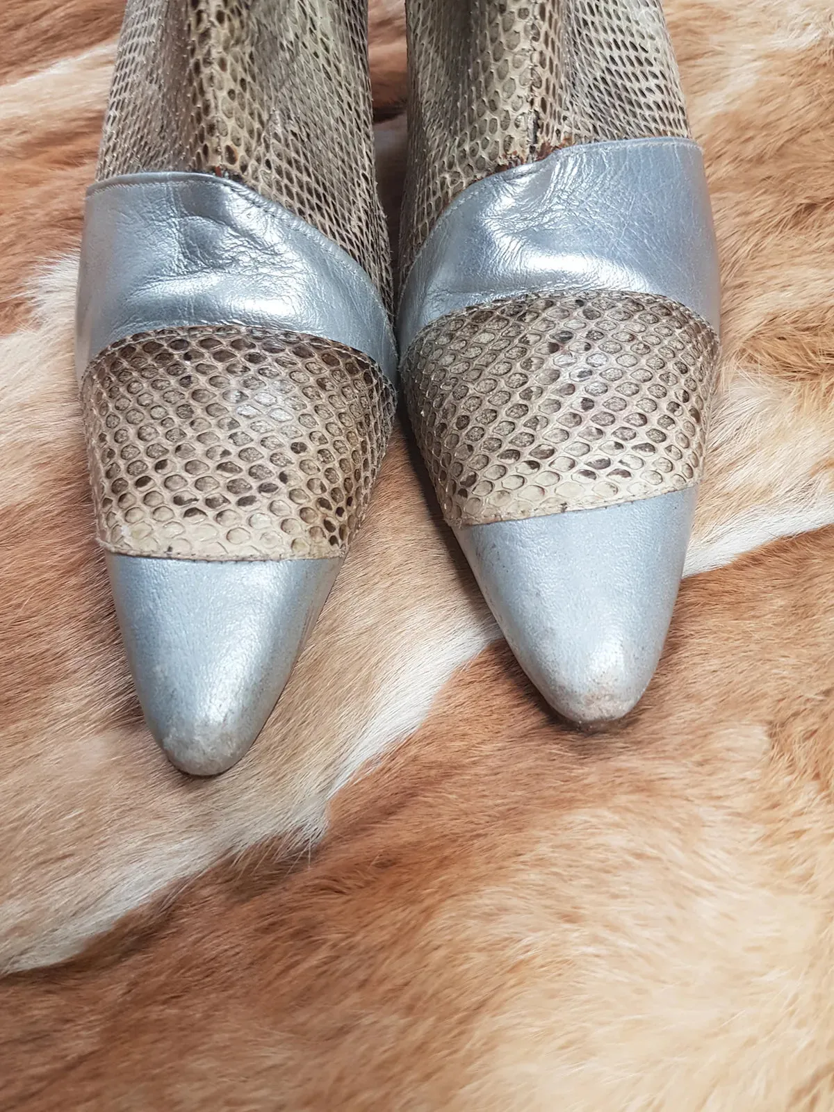 1960s Italian Authentic 100% Snakeskin & Leather Go Go Boots - Insane Metal Stiletto Heels - Silver & Natural Snake (European Size 38)