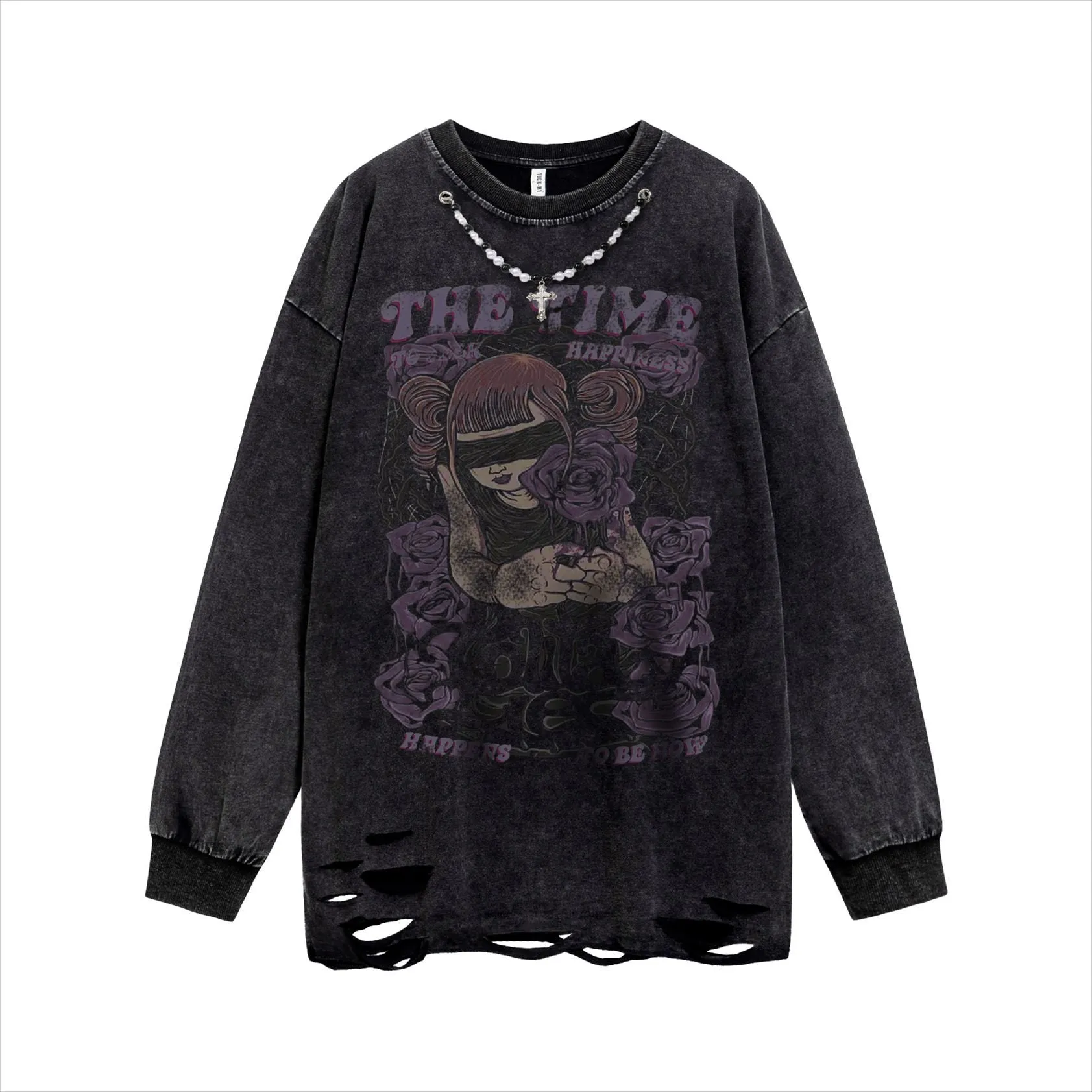 Autumn Vintage Ripped Sweatshirt Men Fashion Harajuku Hoodies Print Wizard Pullover Hip Hop Streetwear Tops Men Clothes