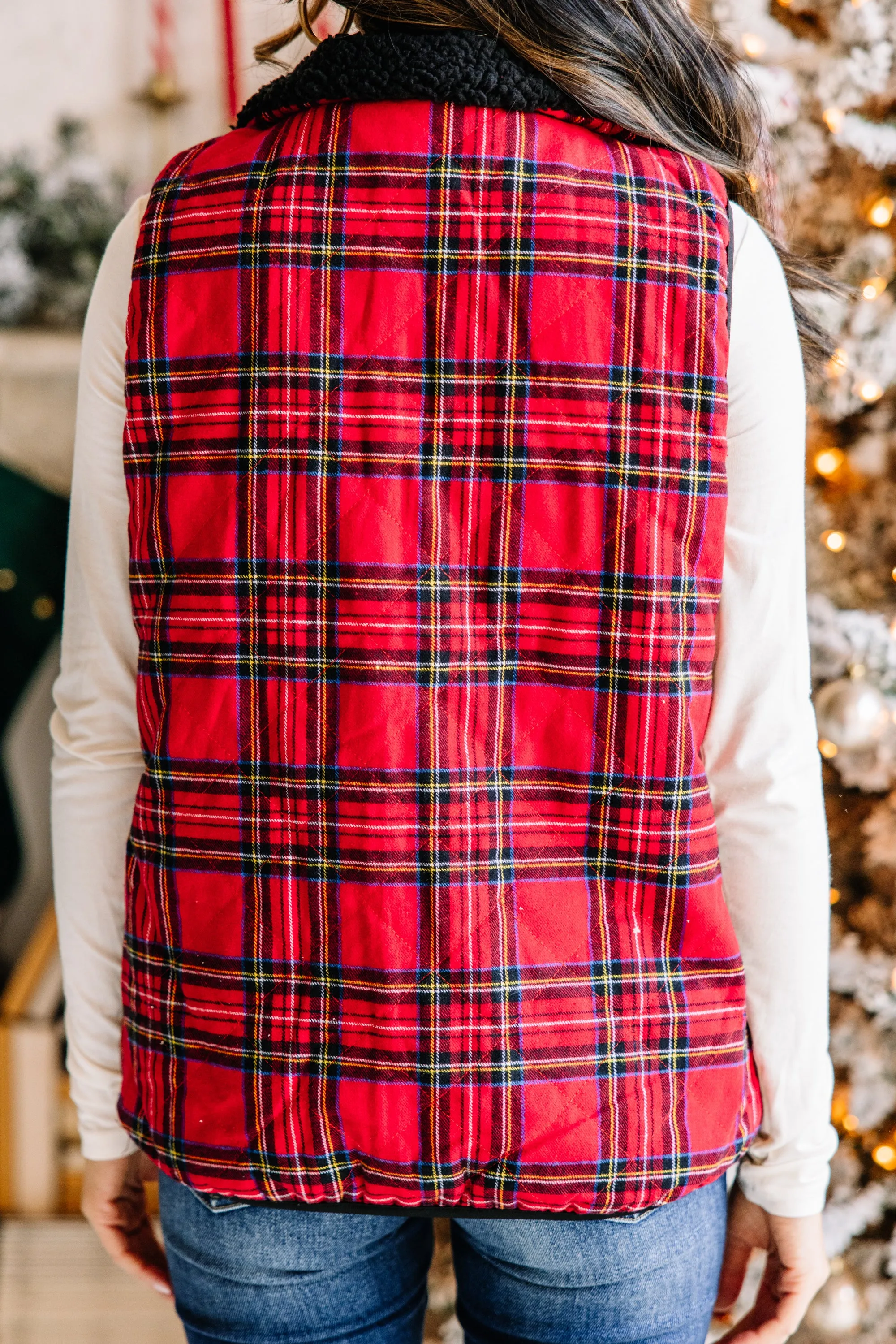 Back To Nature Red Plaid Reversible Sherpa Vest