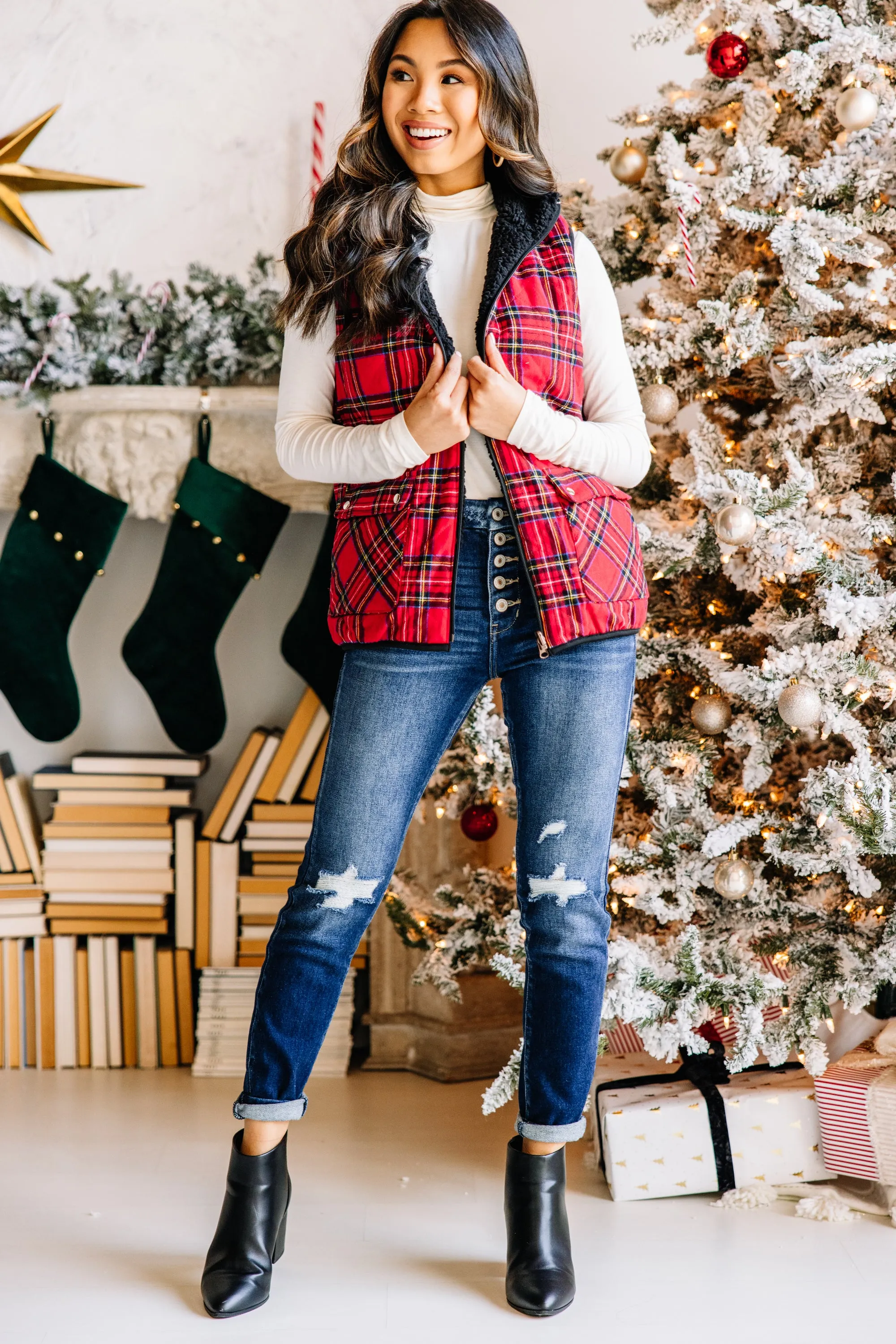 Back To Nature Red Plaid Reversible Sherpa Vest