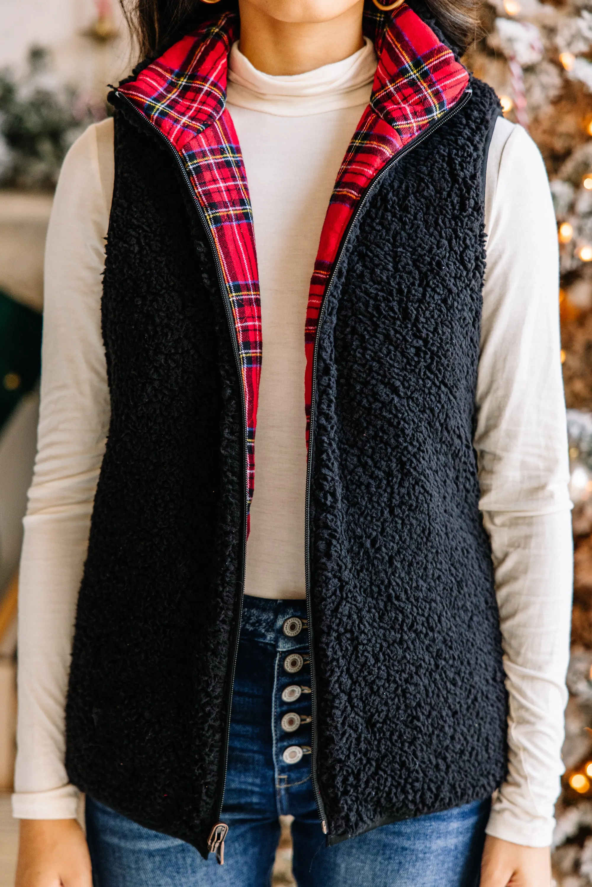 Back To Nature Red Plaid Reversible Sherpa Vest