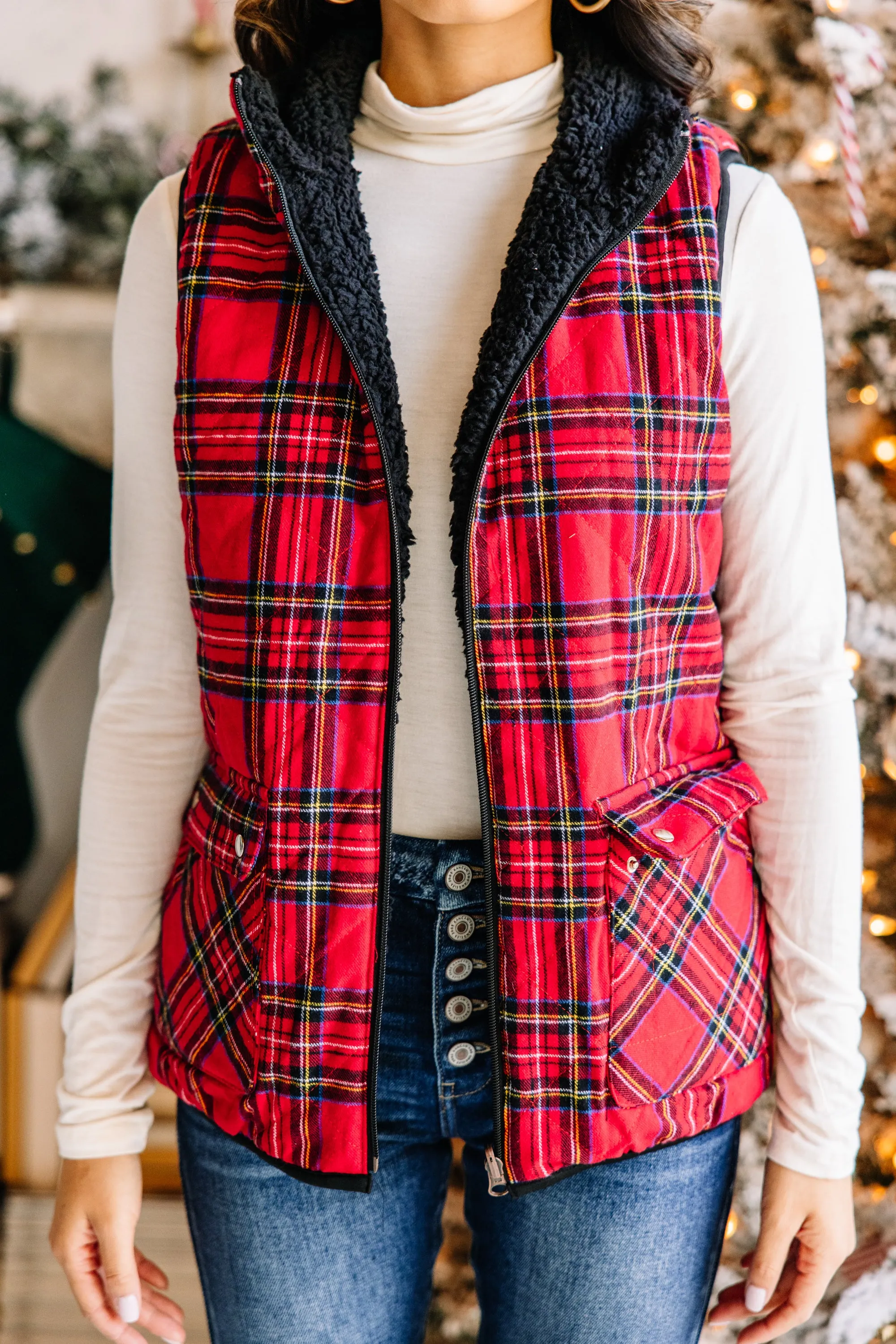 Back To Nature Red Plaid Reversible Sherpa Vest