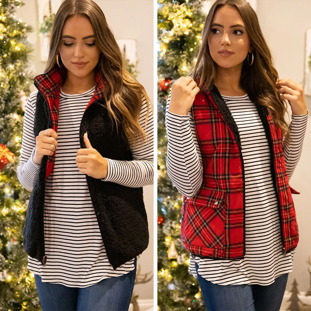 Back To Nature Red Plaid Reversible Sherpa Vest