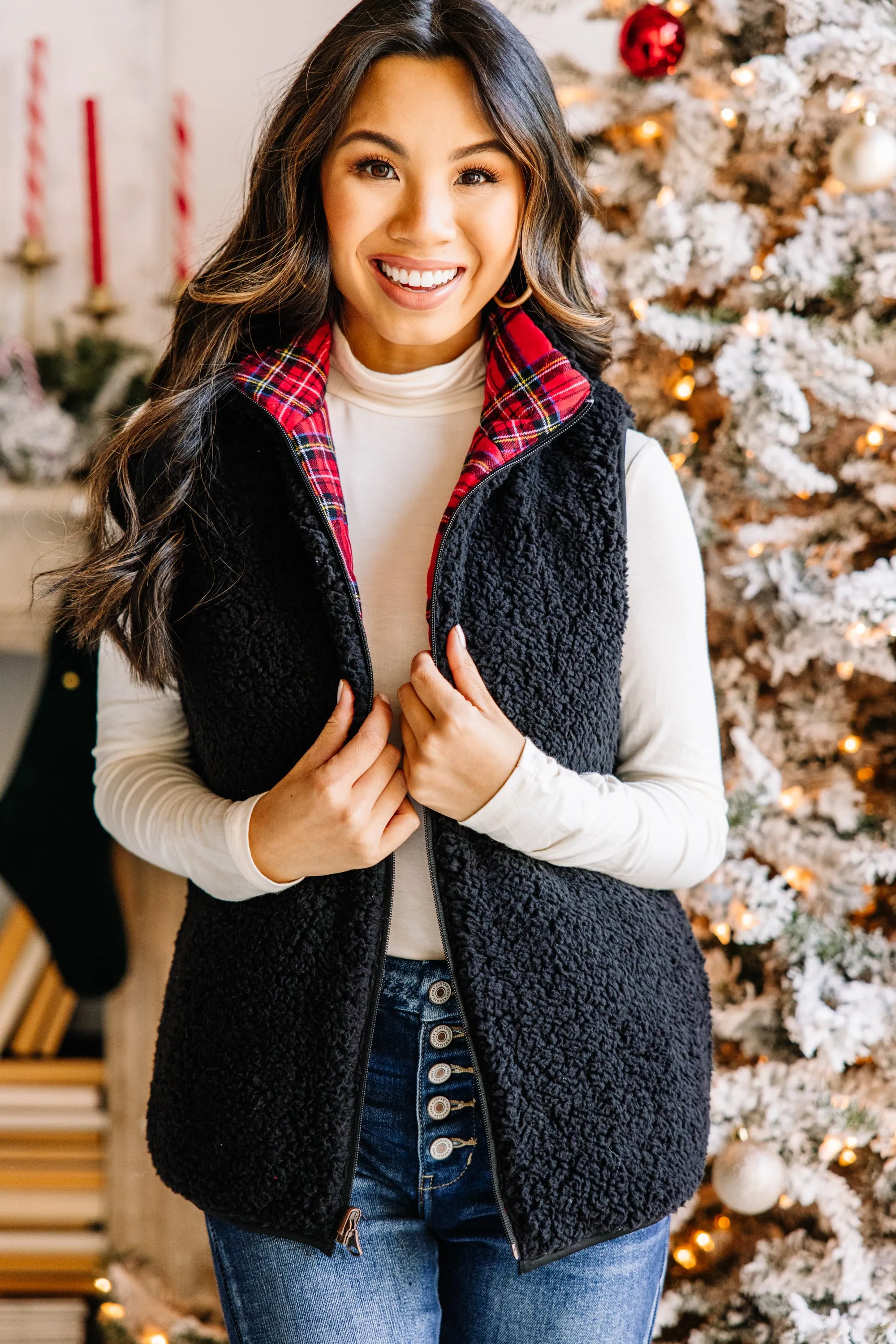 Back To Nature Red Plaid Reversible Sherpa Vest