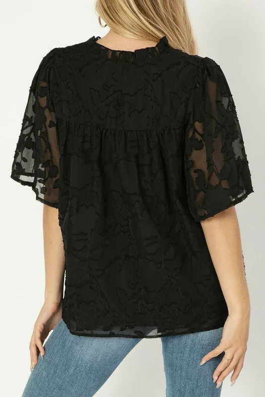 Black Jacquard Floral Button Flutter Sleeve Blouse