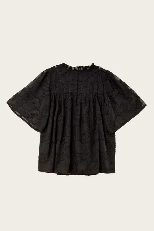 Black Jacquard Floral Button Flutter Sleeve Blouse