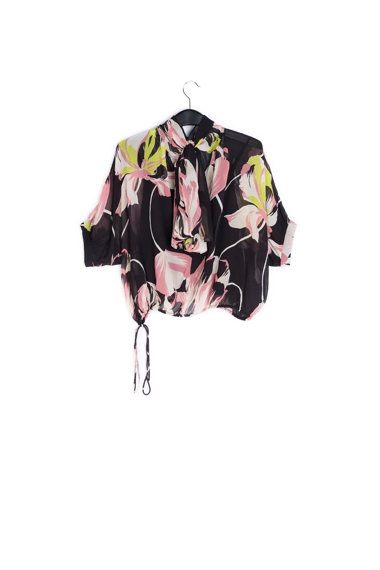 Black voluminous floral-print sheer top