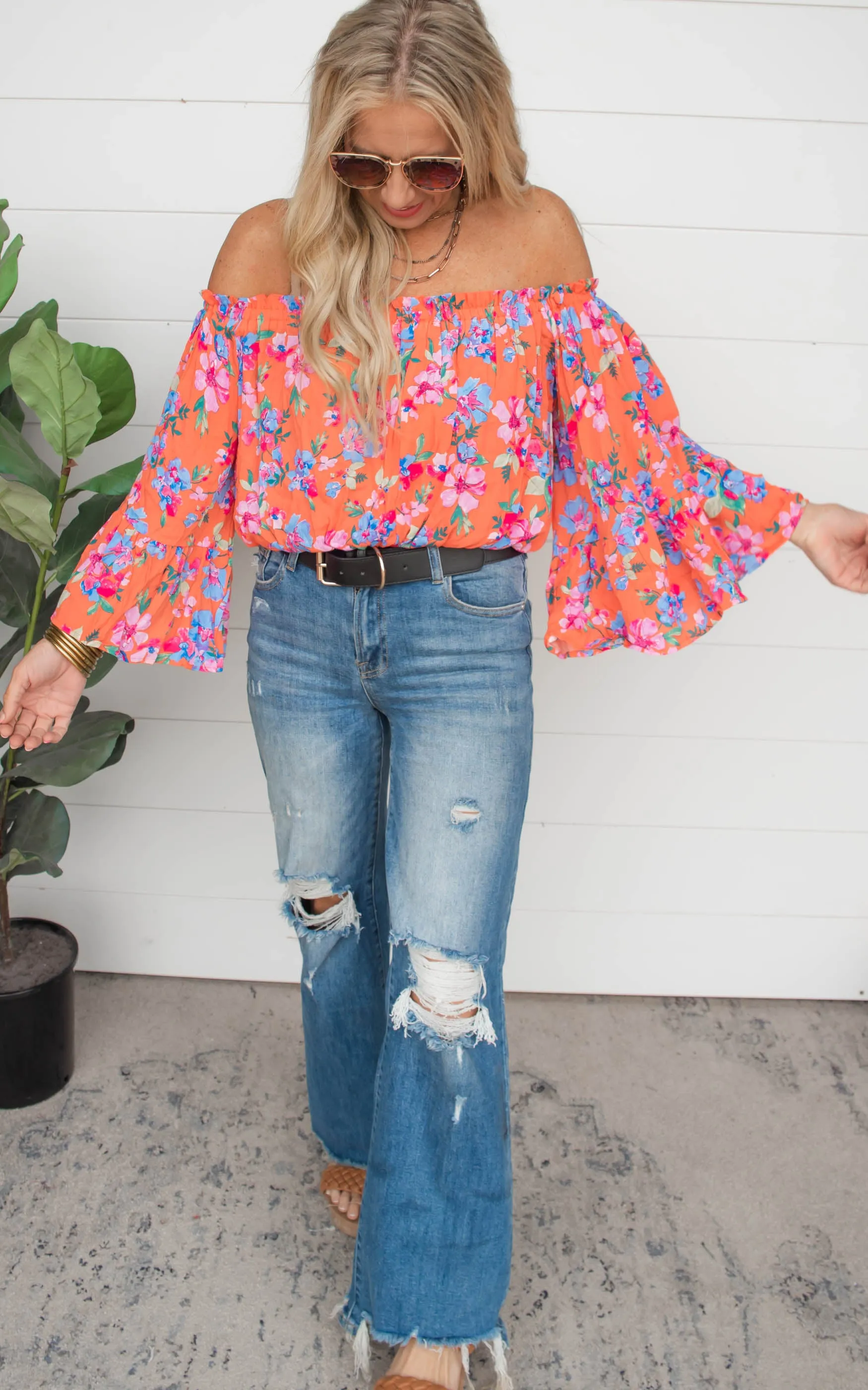 Blossoming With Joy Off The Shoulder Floral Blouse | Orange - Final Sale