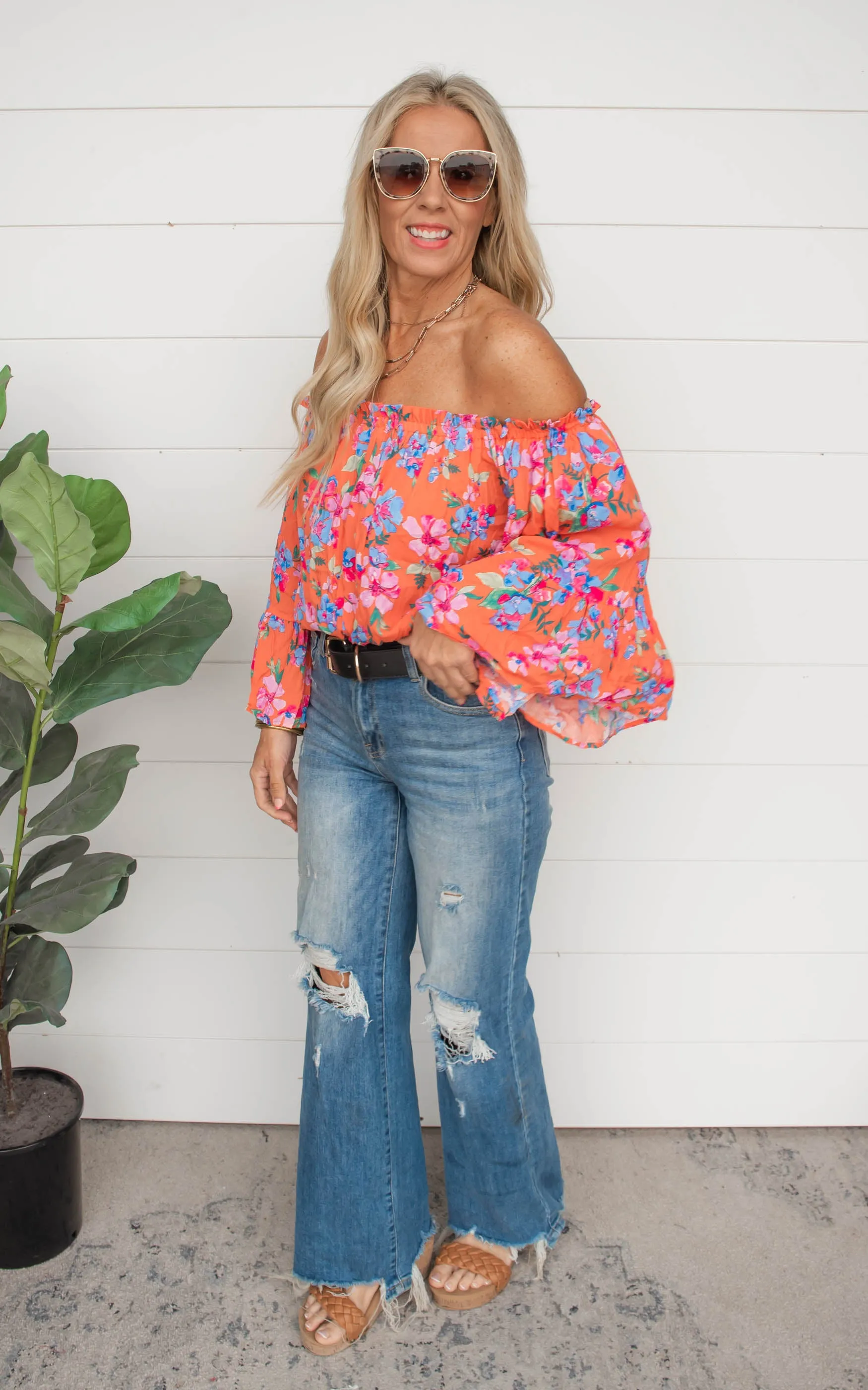 Blossoming With Joy Off The Shoulder Floral Blouse | Orange - Final Sale