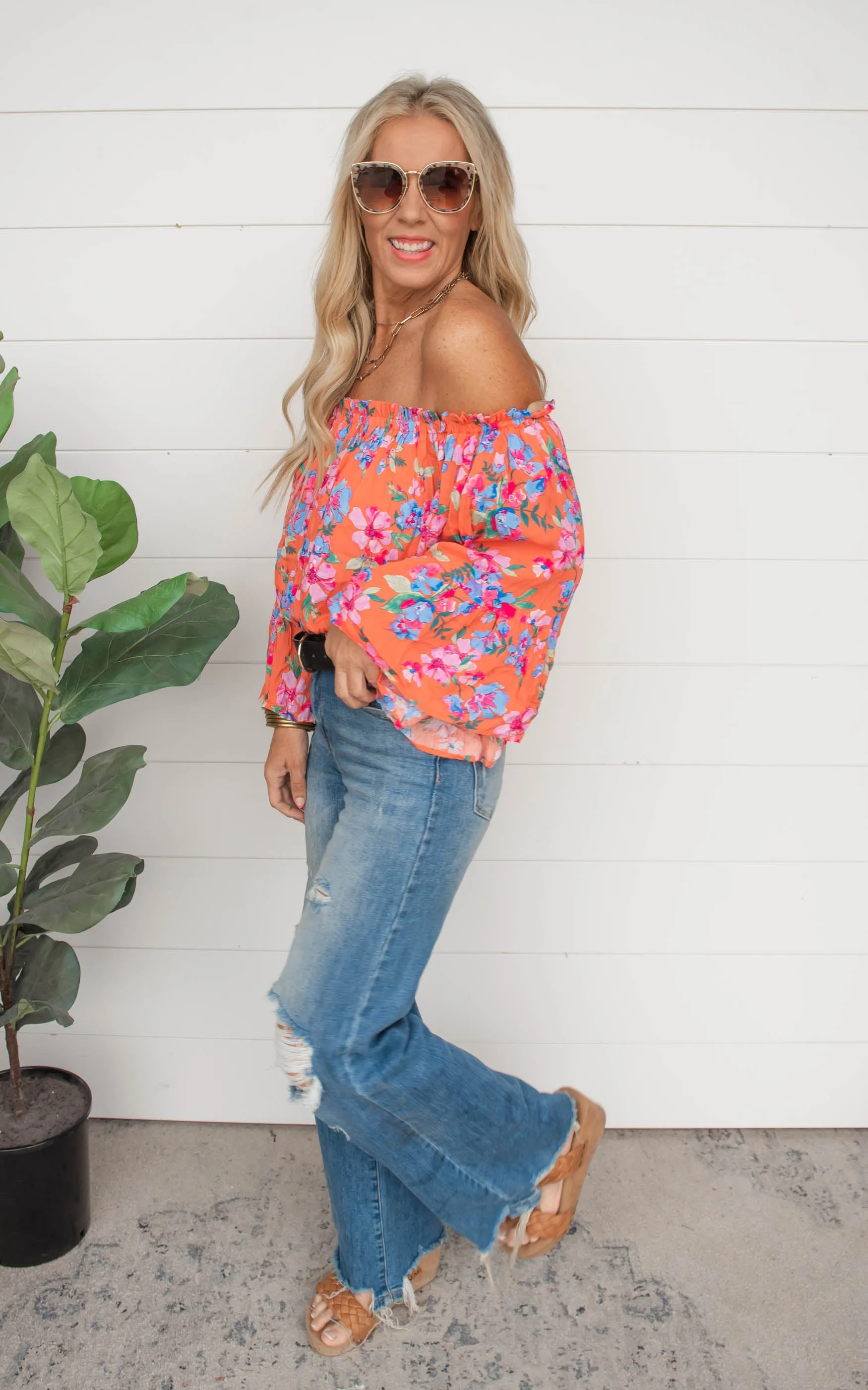 Blossoming With Joy Off The Shoulder Floral Blouse | Orange - Final Sale