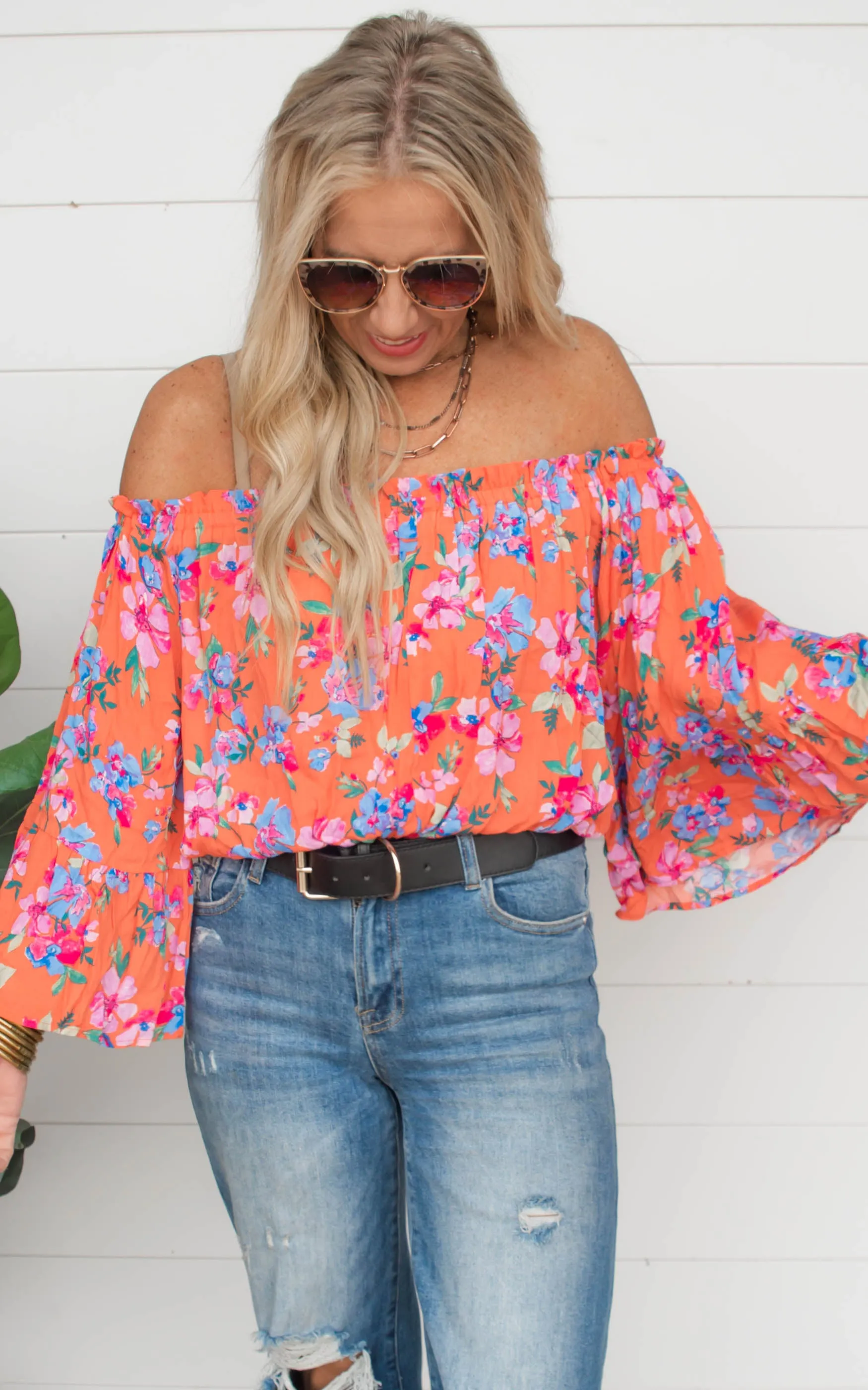 Blossoming With Joy Off The Shoulder Floral Blouse | Orange - Final Sale