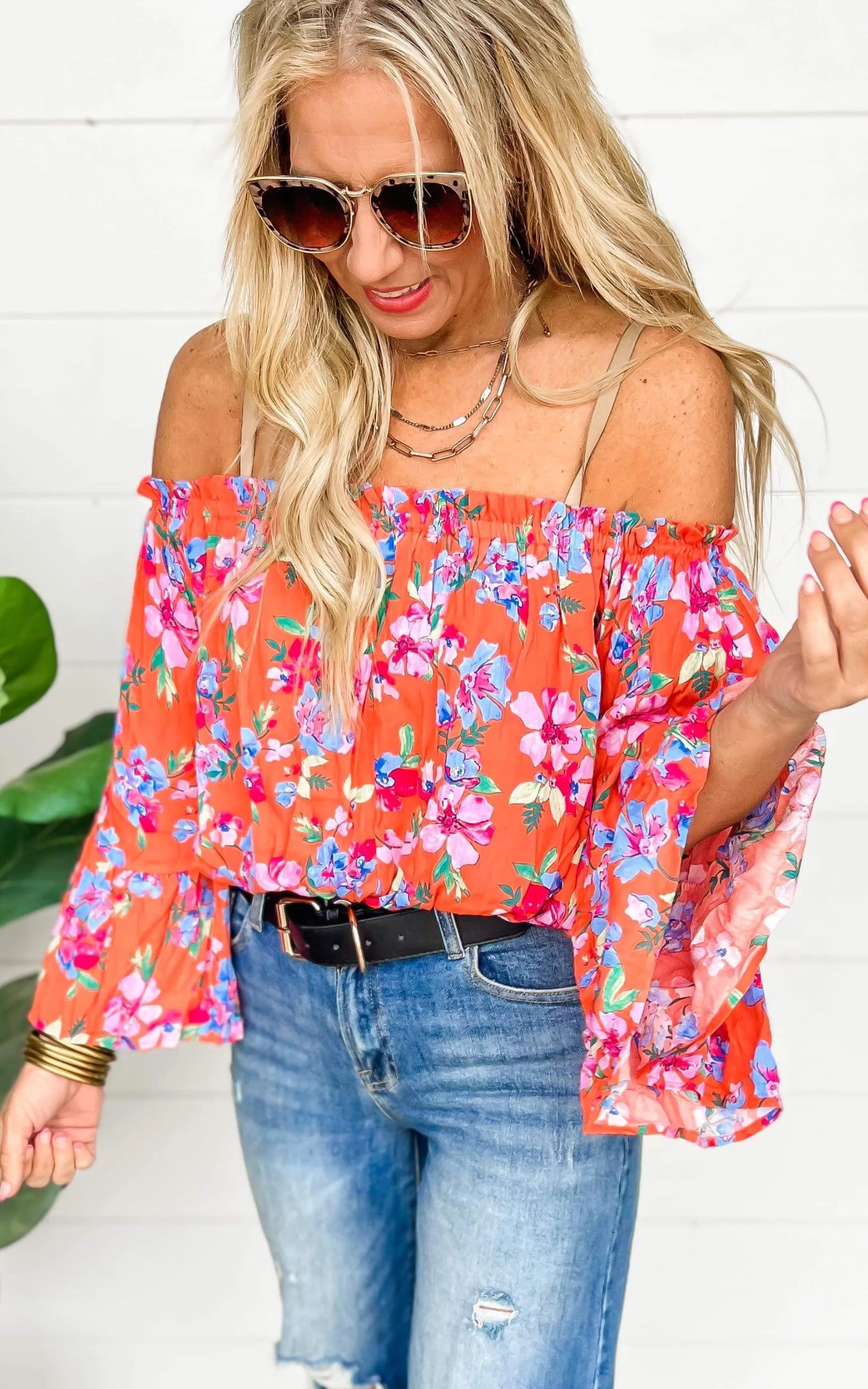 Blossoming With Joy Off The Shoulder Floral Blouse | Orange - Final Sale