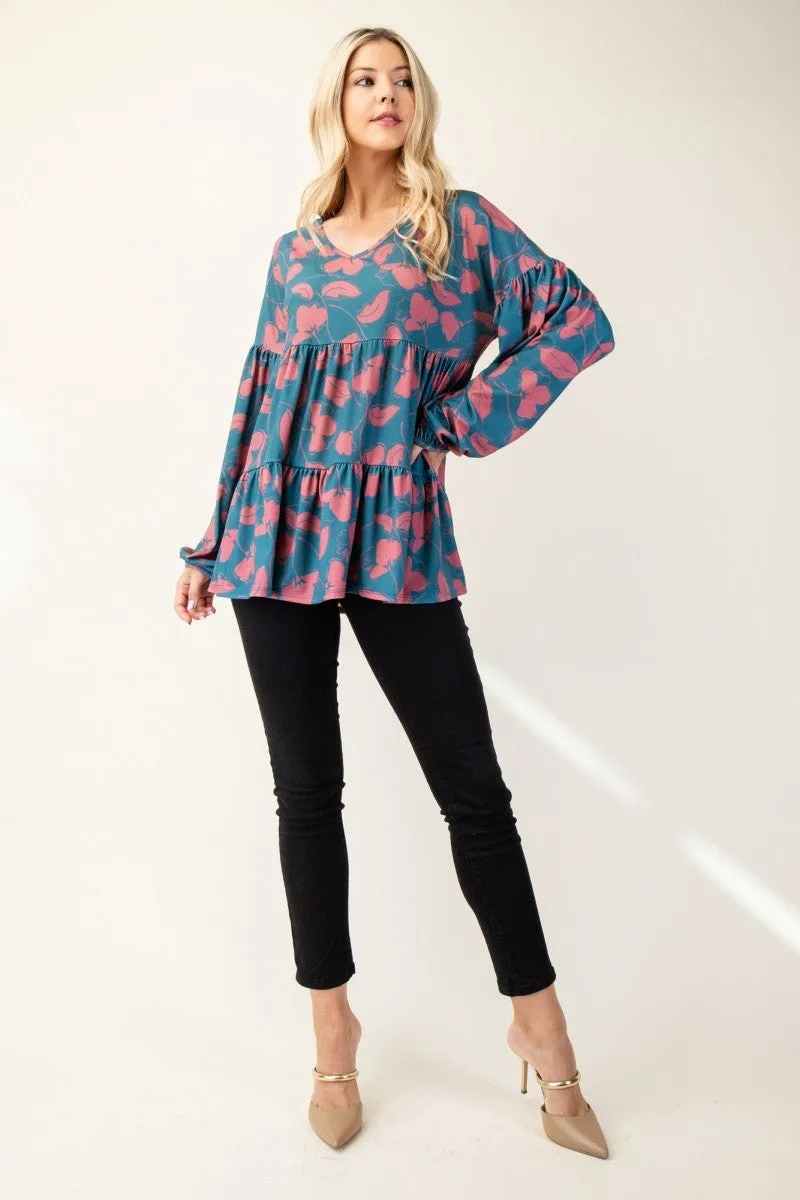 Celeste Full Size Tiered Floral V-Neck Long Sleeve Blouse