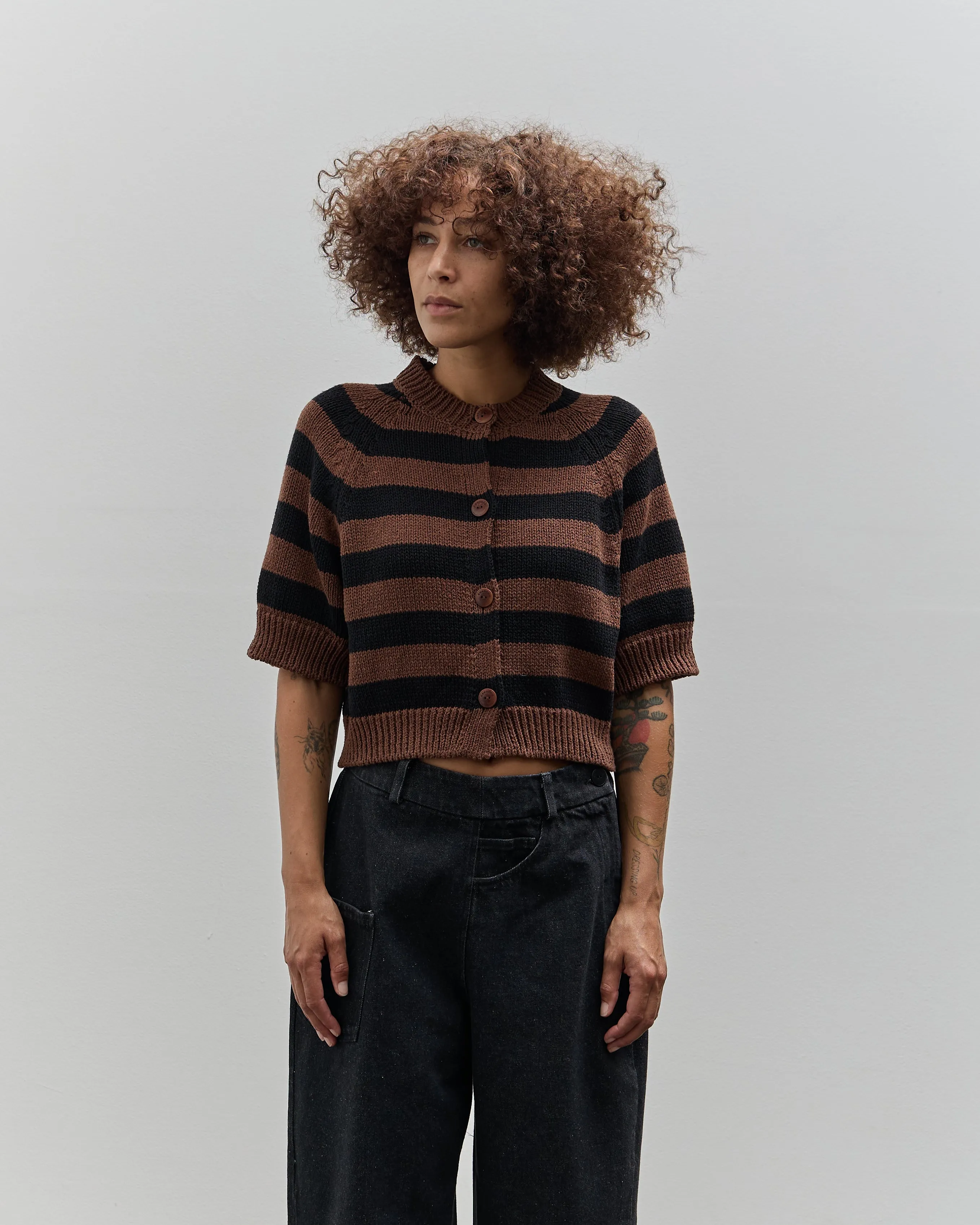 Cordera Buttoned Striped Top, Brown/Black