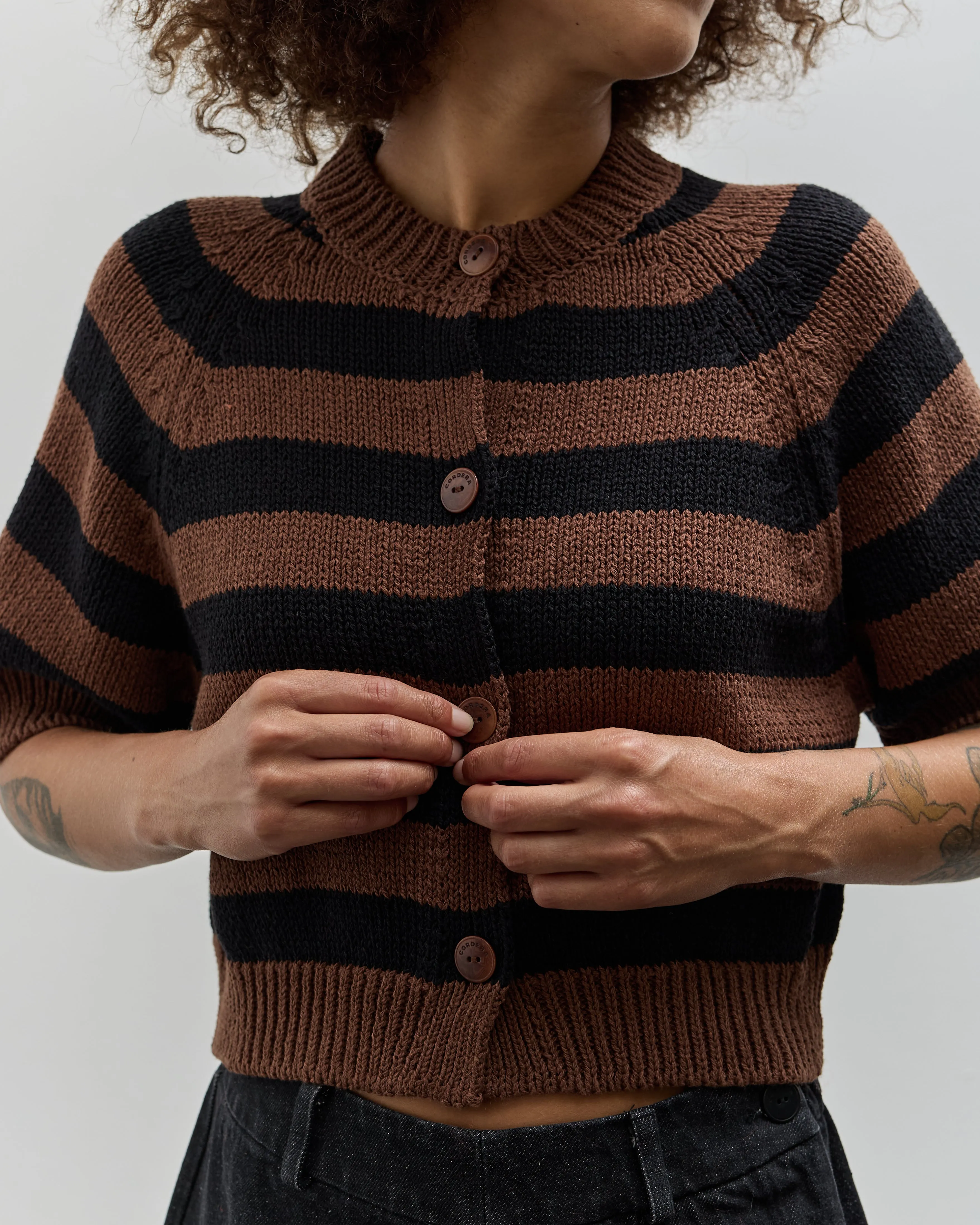 Cordera Buttoned Striped Top, Brown/Black