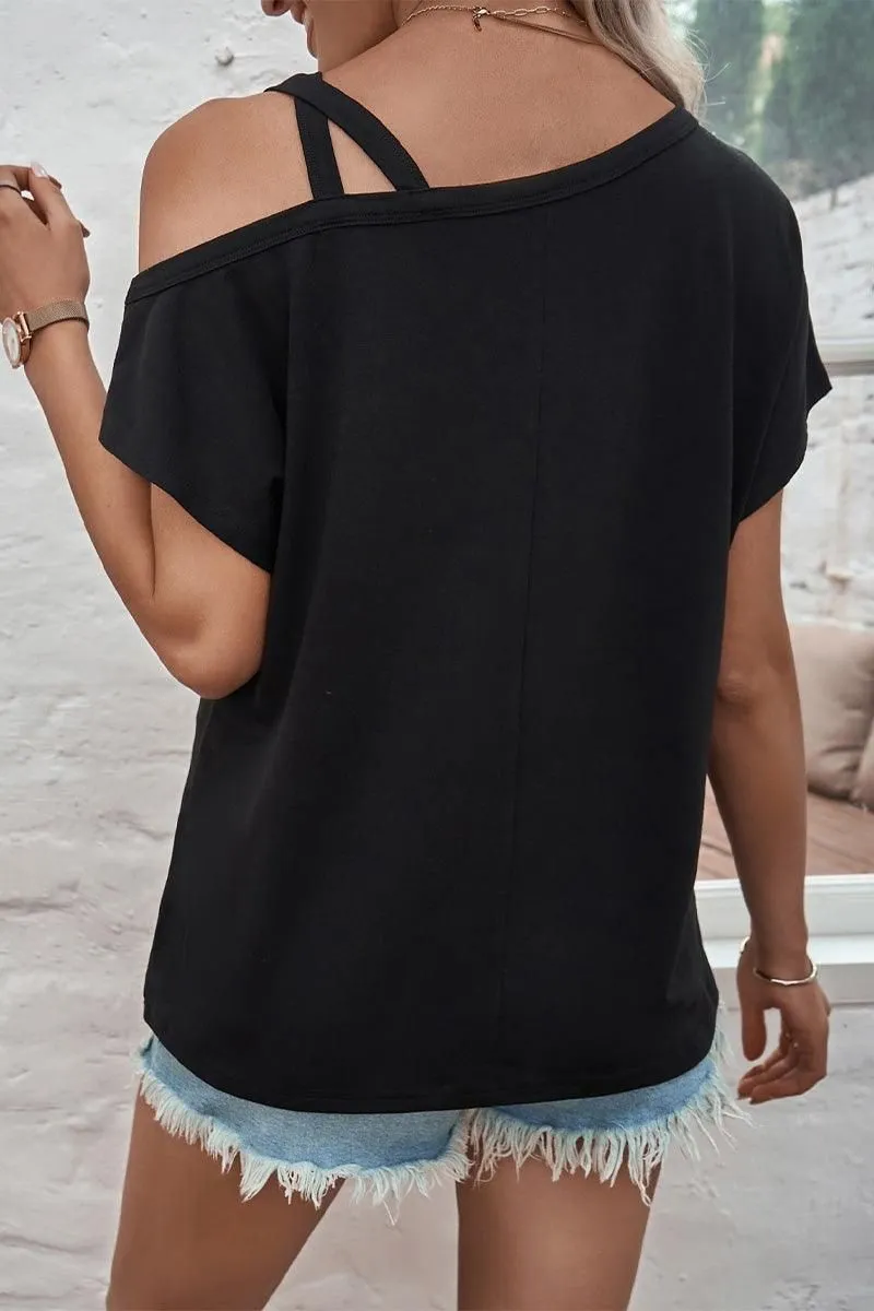 CROSS STRAP AND SHORT SLEEVE ASYMMETRICAL TOP