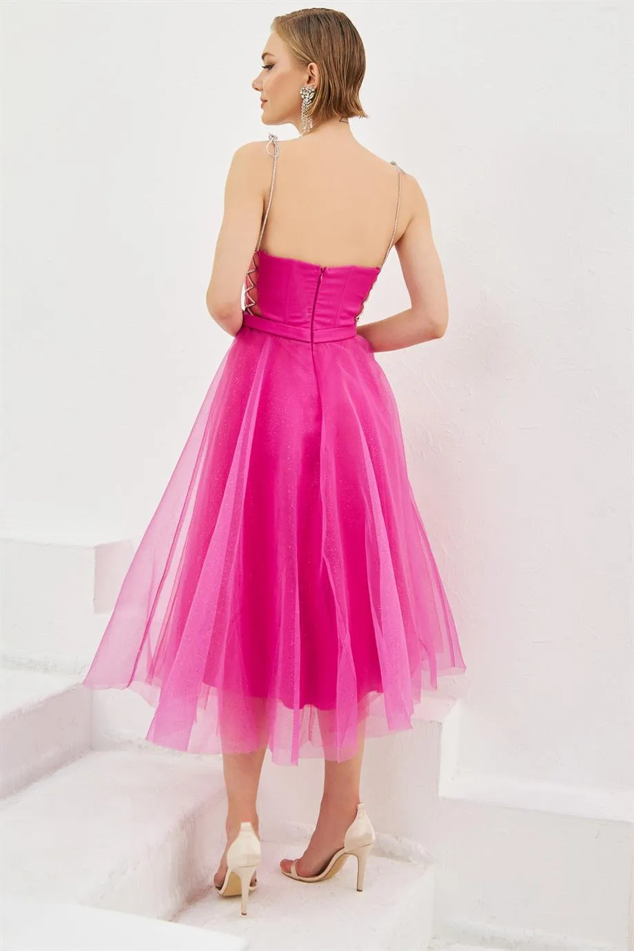 Fuchsia Tulle Strap Princess Midi Promise and Engagement Dress