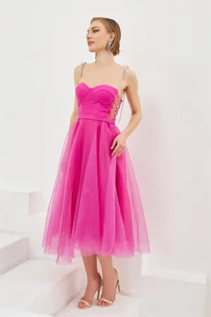 Fuchsia Tulle Strap Princess Midi Promise and Engagement Dress