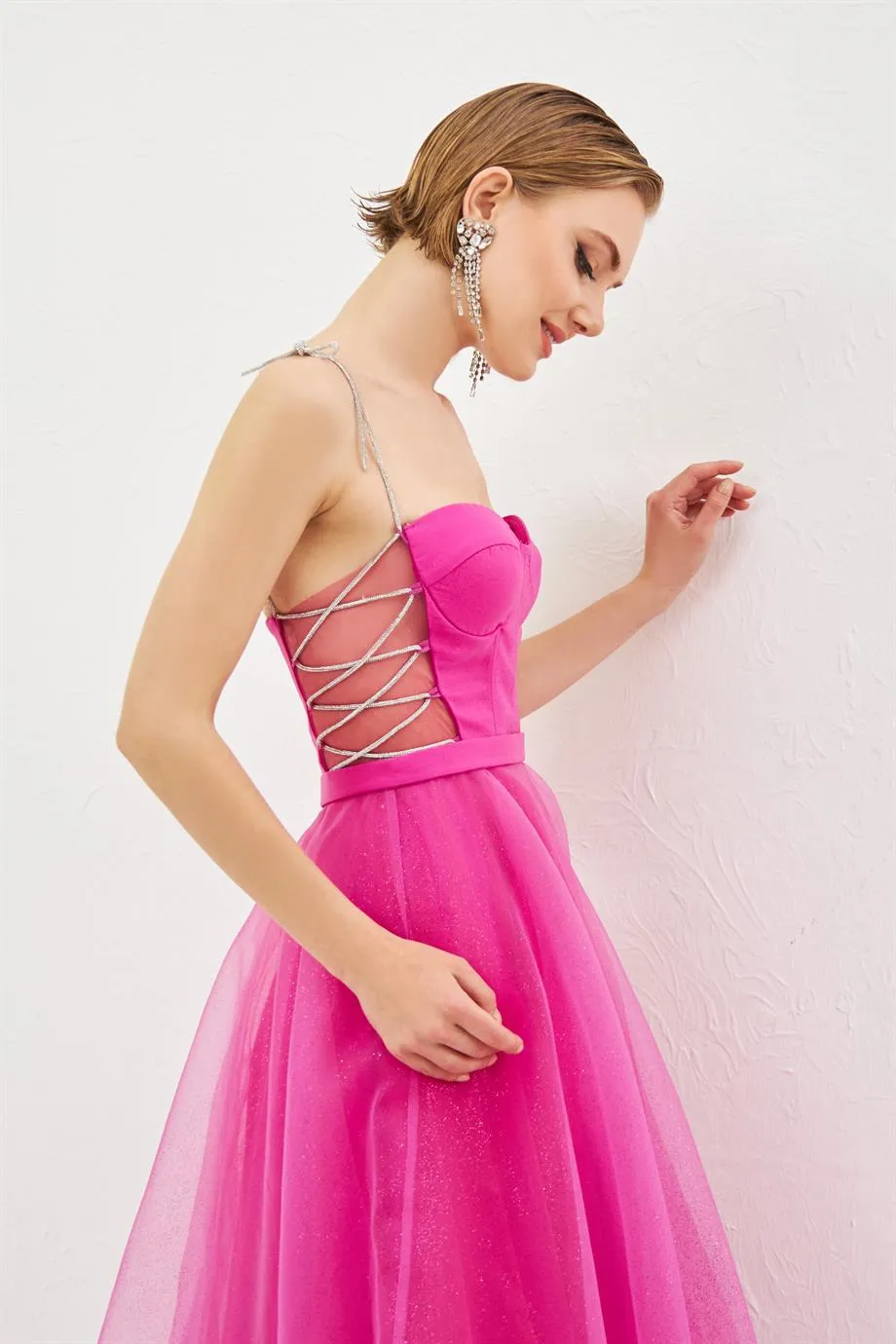 Fuchsia Tulle Strap Princess Midi Promise and Engagement Dress