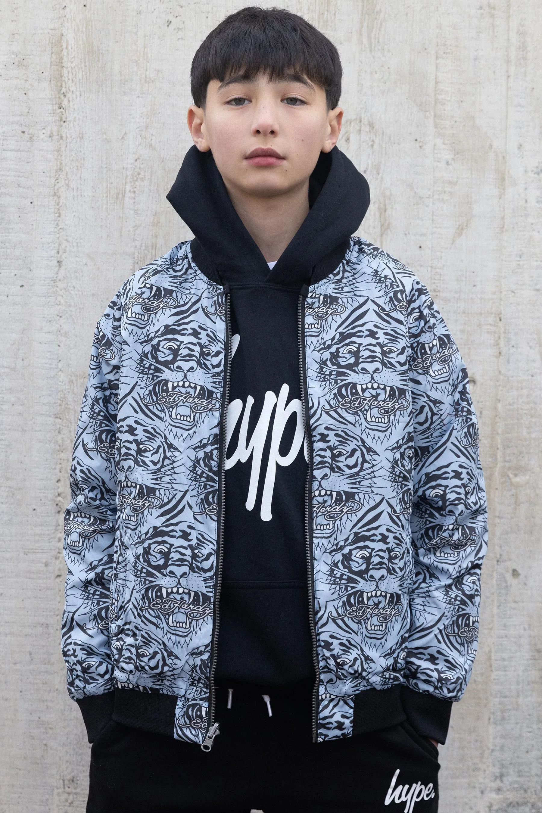 Hype X Ed Hardy Boys Black Reversible Allover Tiger Souvenir Jacket