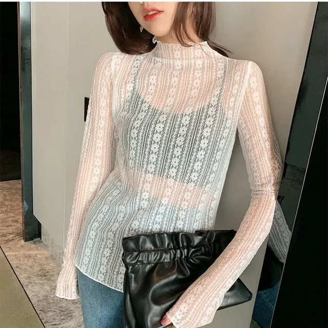 Lace Knitted Blouse | Long Sleeve Blouses | Transparent blouse for women | Sexy Women Blouse | Women Lace Blouses | Girl Romantic Blouse