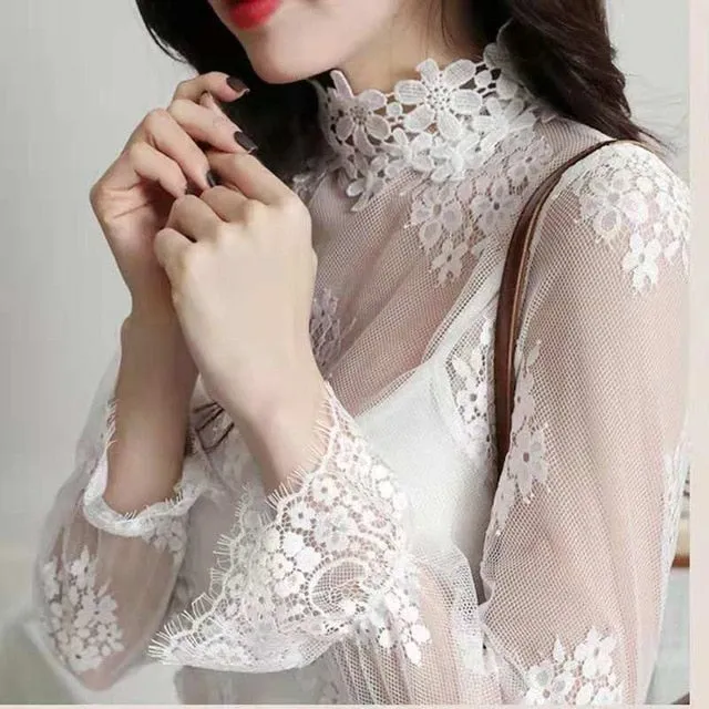 Lace Knitted Blouse | Long Sleeve Blouses | Transparent blouse for women | Sexy Women Blouse | Women Lace Blouses | Girl Romantic Blouse