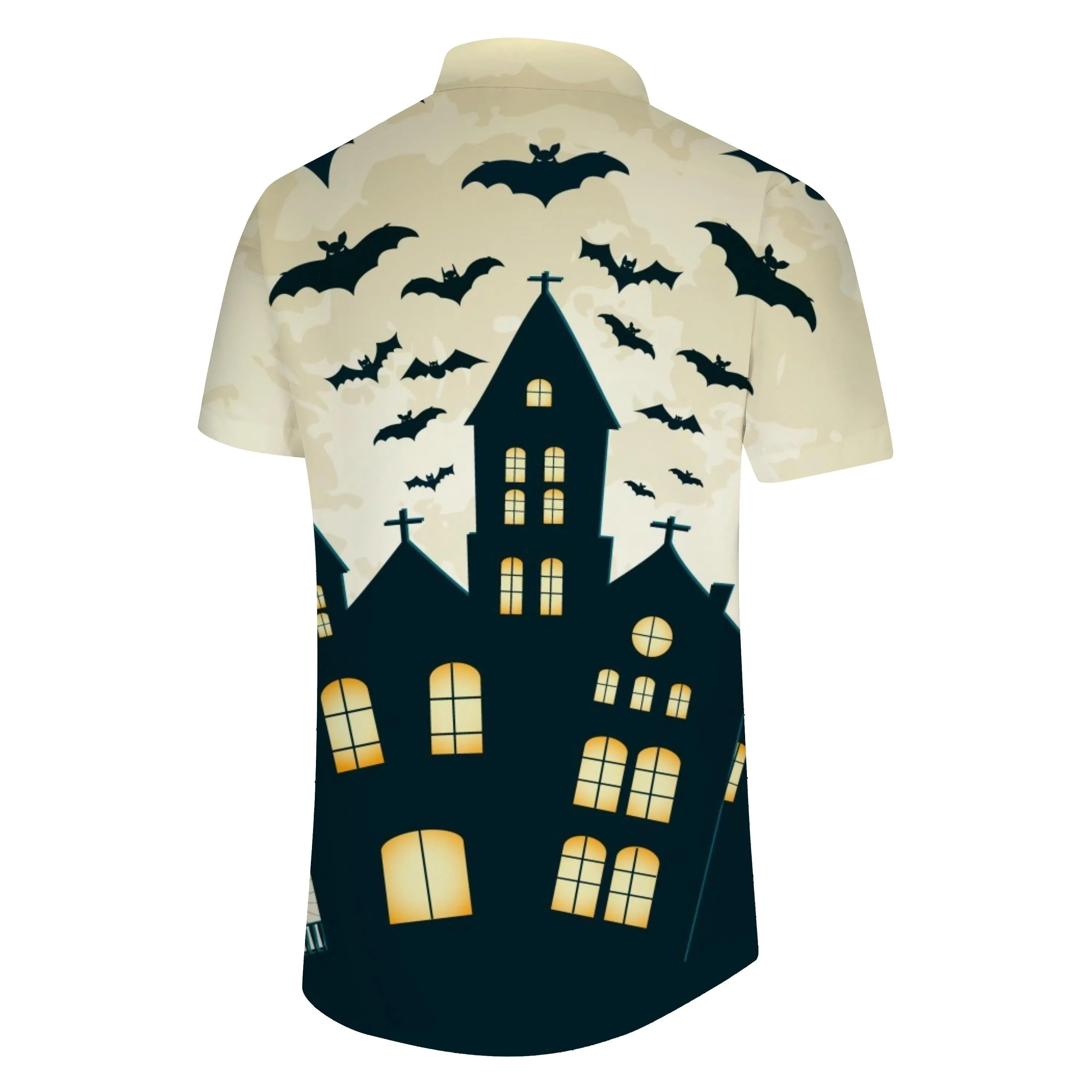 Lightweight and Fun Men's Halloween Castle Bat Shirt Print Short Sleeve Button Shirt Polyester