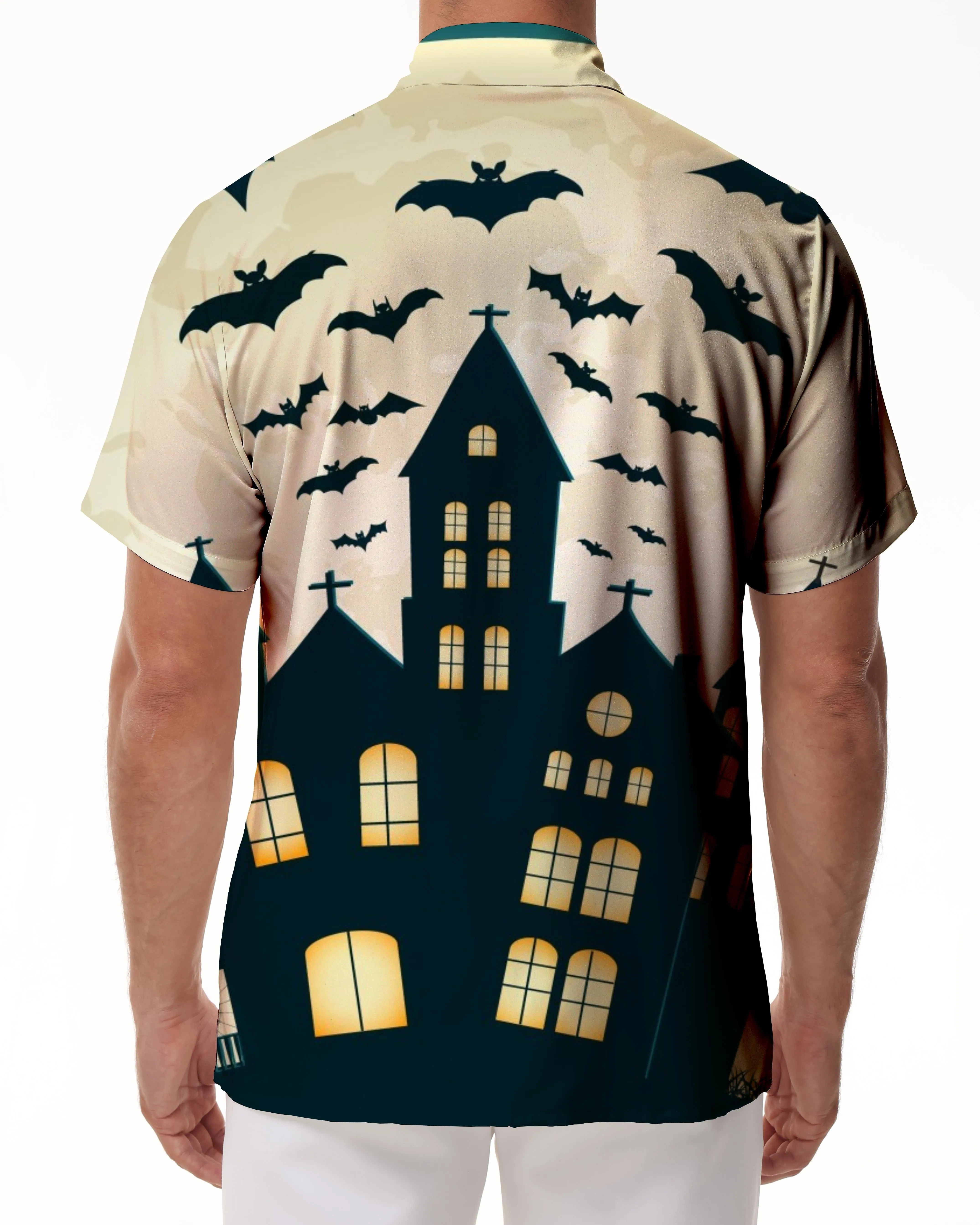 Lightweight and Fun Men's Halloween Castle Bat Shirt Print Short Sleeve Button Shirt Polyester