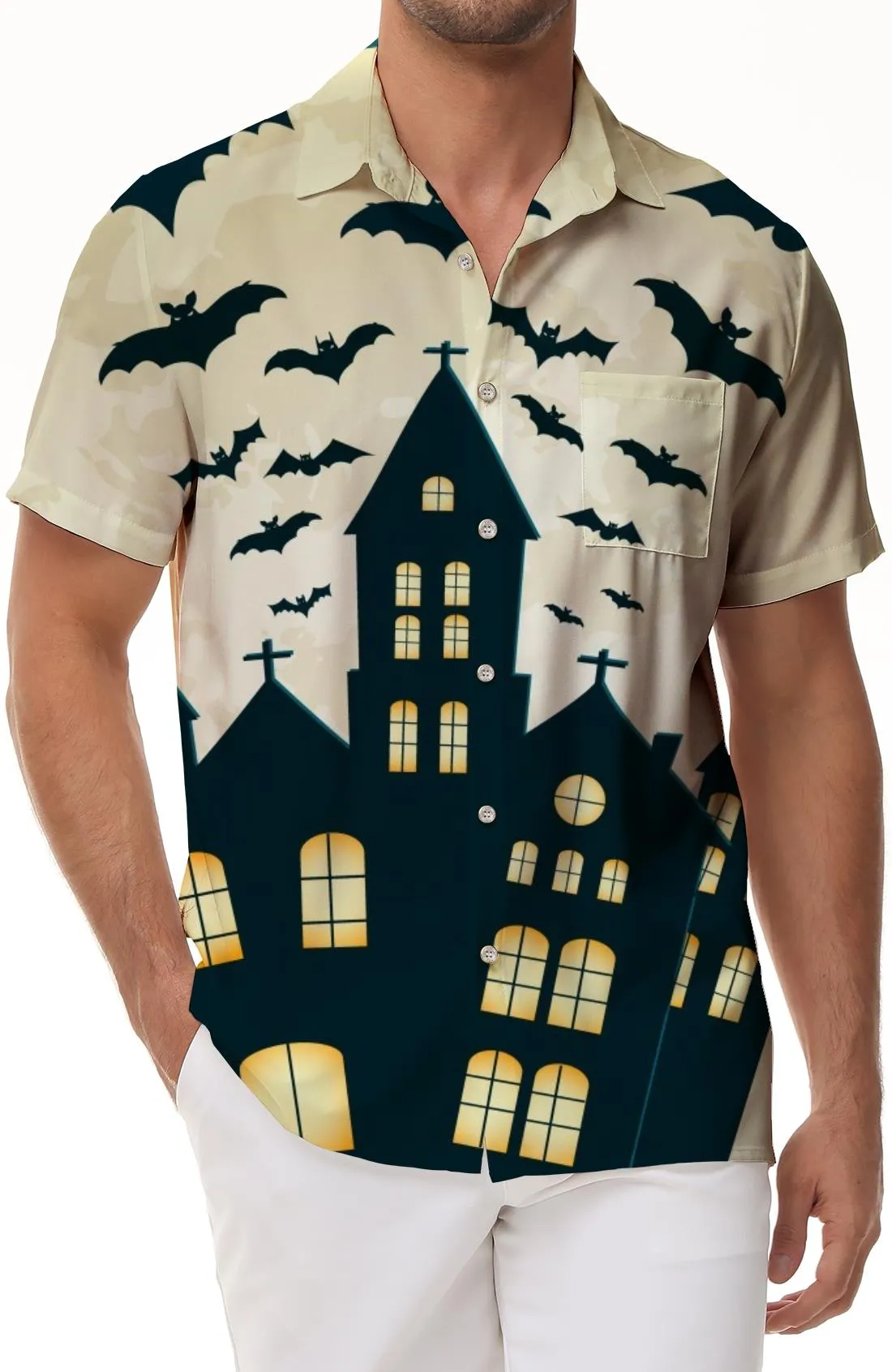 Lightweight and Fun Men's Halloween Castle Bat Shirt Print Short Sleeve Button Shirt Polyester