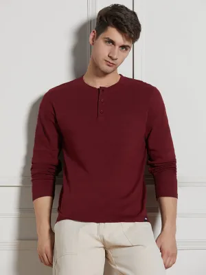 Men's Wine Cotton Regular Fit Textured Henley Neck T-Shirt