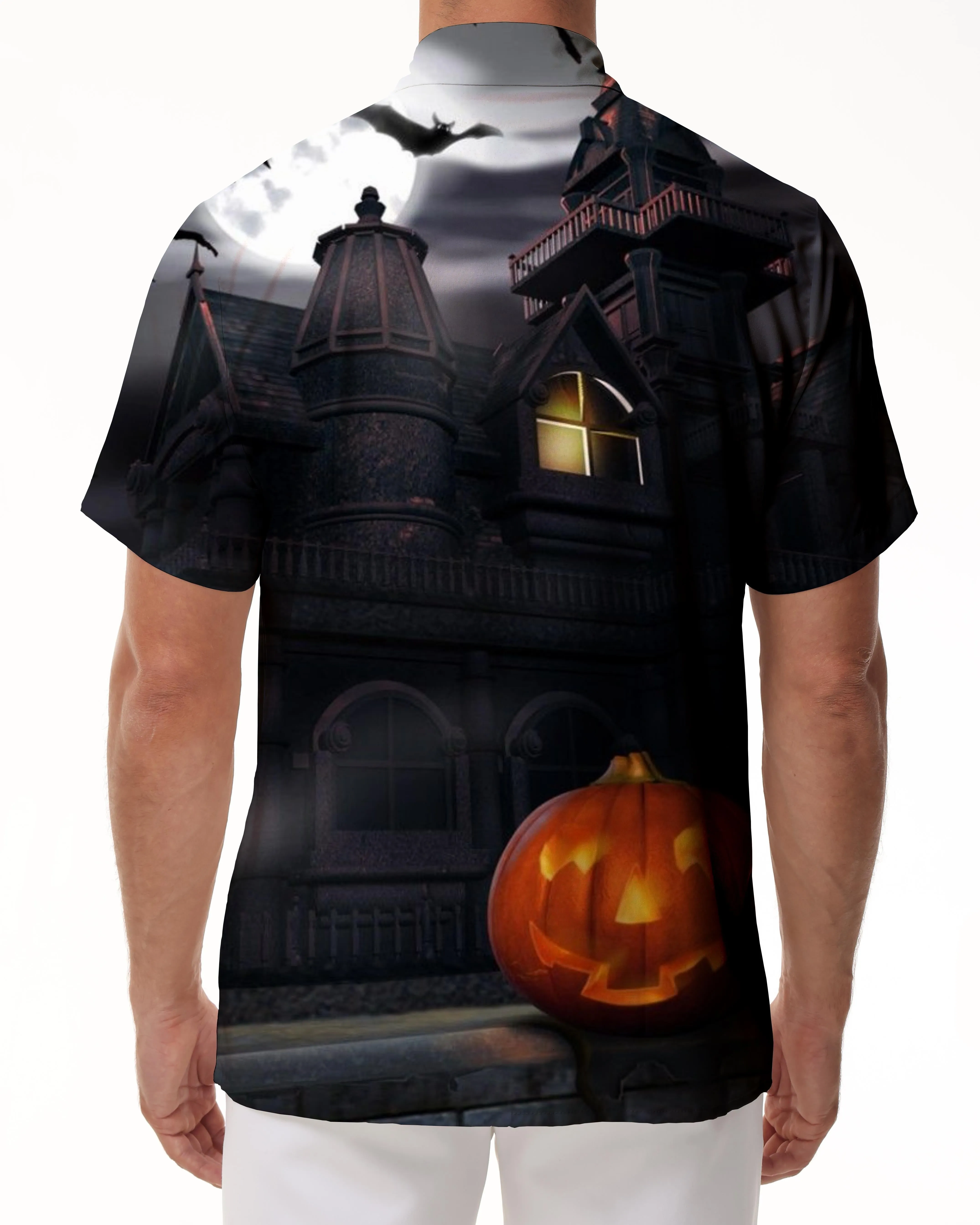 Night Castle Halloween Pumpkin Casual Hip-Hop Shirt Hawaiian Personality Short Sleeve Black Men's