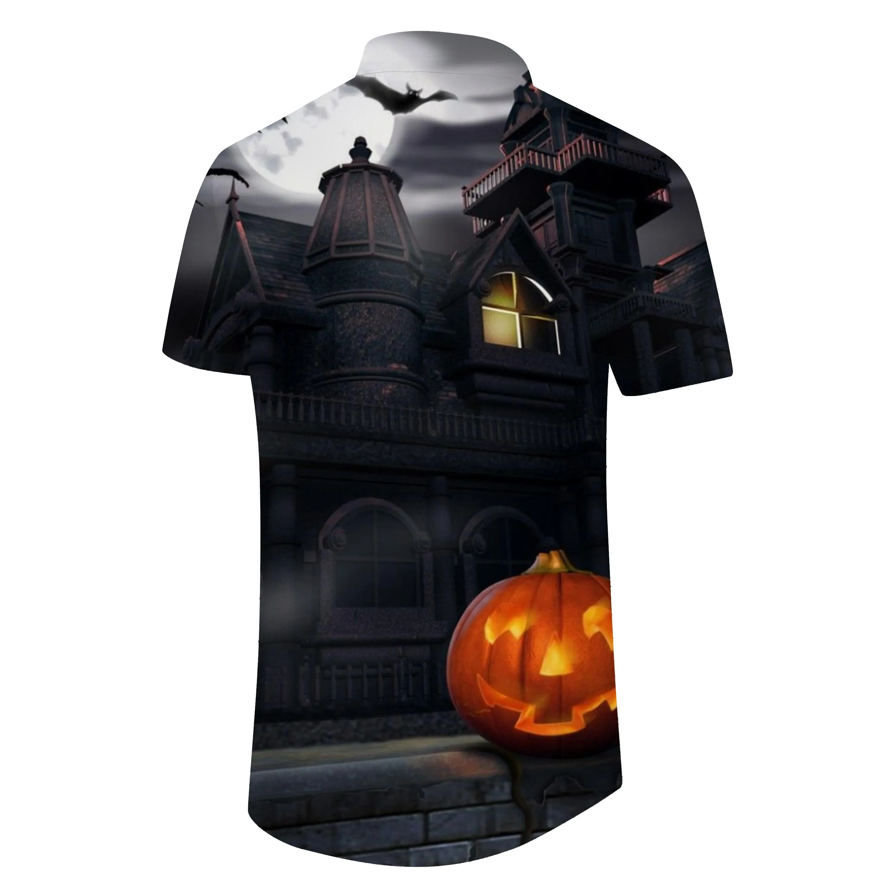 Night Castle Halloween Pumpkin Casual Hip-Hop Shirt Hawaiian Personality Short Sleeve Black Men's