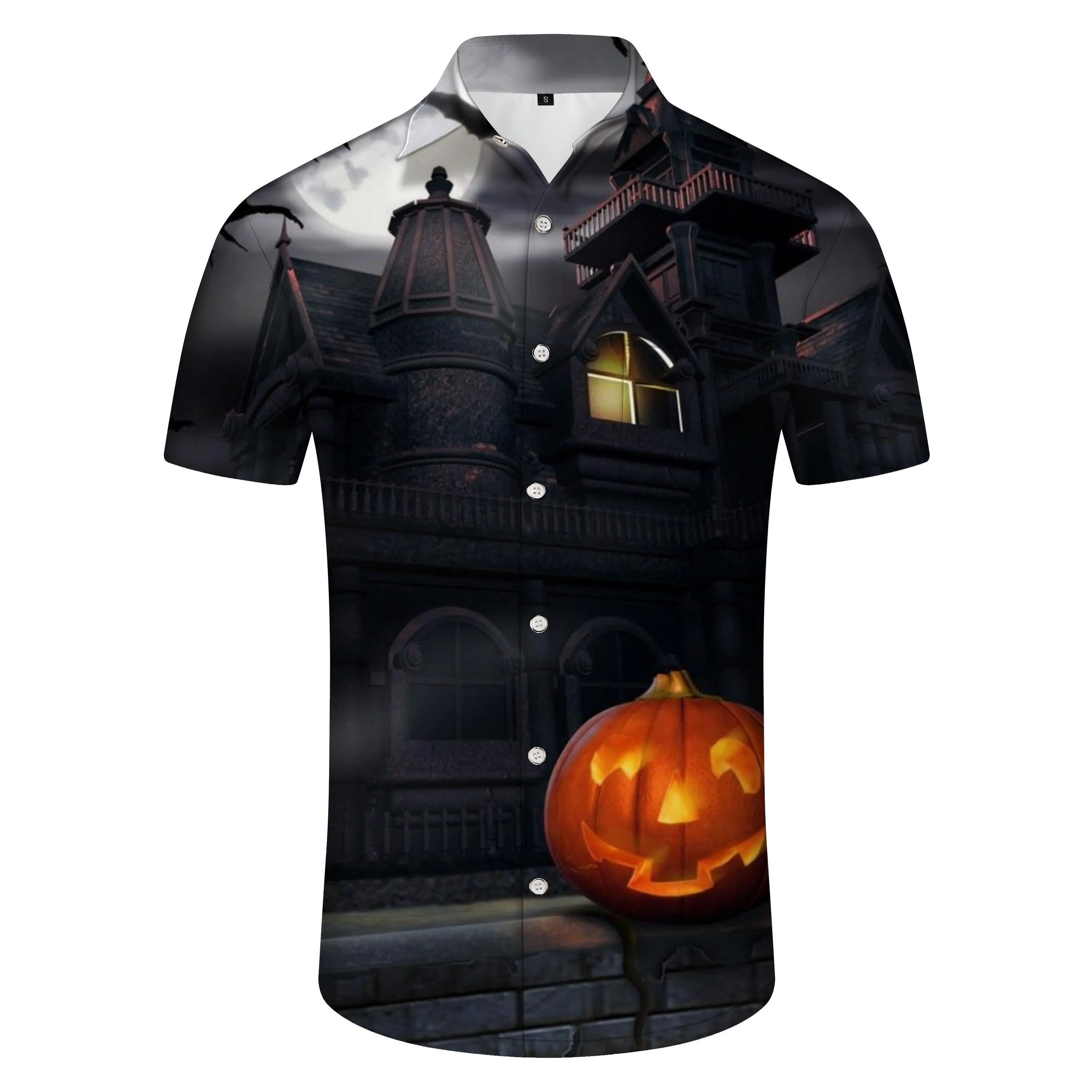 Night Castle Halloween Pumpkin Casual Hip-Hop Shirt Hawaiian Personality Short Sleeve Black Men's