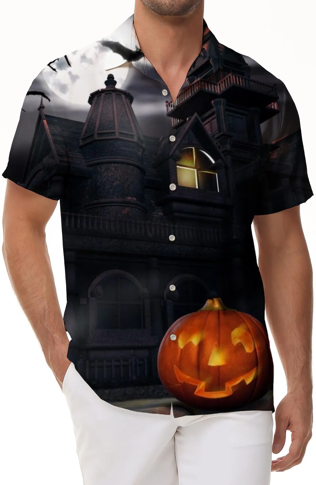 Night Castle Halloween Pumpkin Casual Hip-Hop Shirt Hawaiian Personality Short Sleeve Black Men's