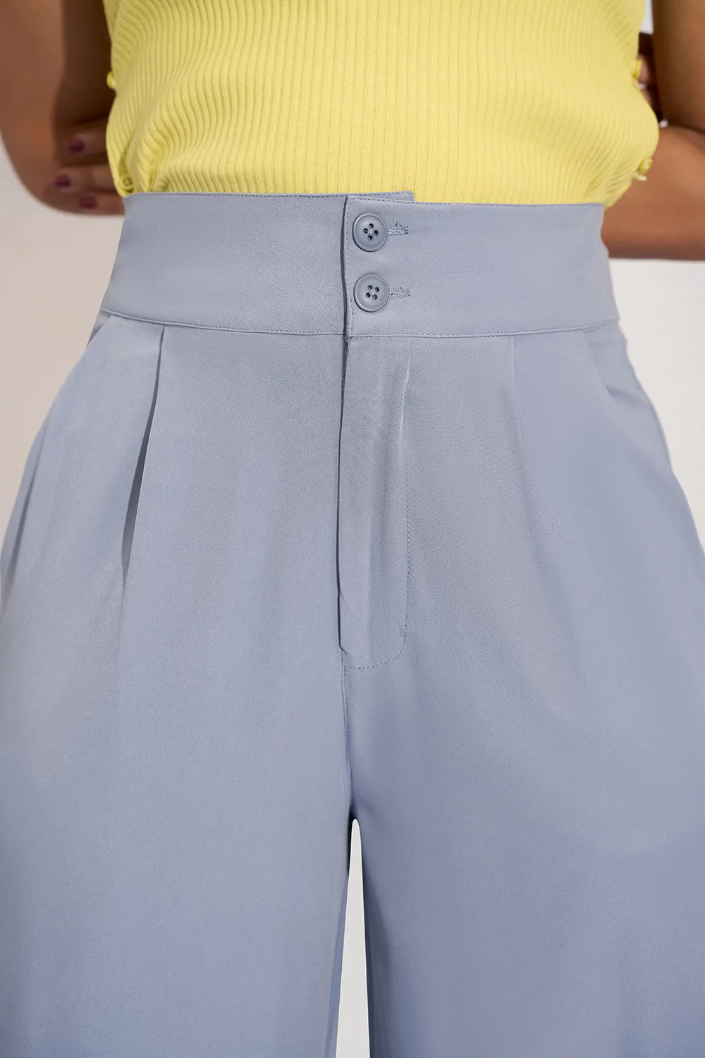 Opal Blue Pleated Double Button Korean Pants