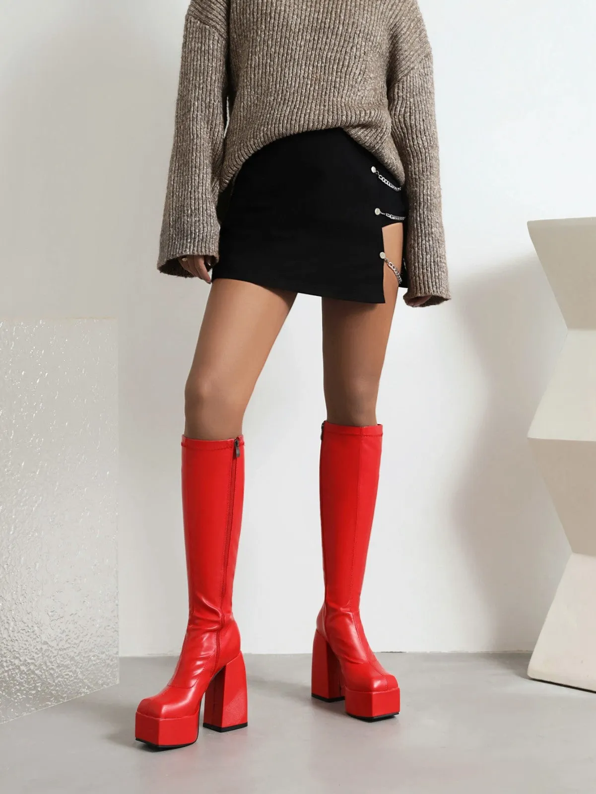 Platform Knee High Stretch Boots Sqaure Toe Chunky Heels