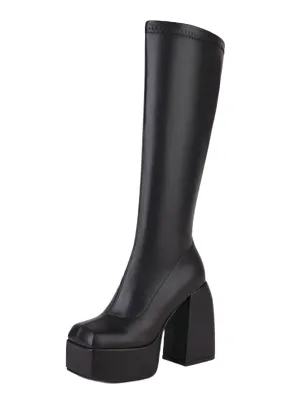 Platform Knee High Stretch Boots Sqaure Toe Chunky Heels