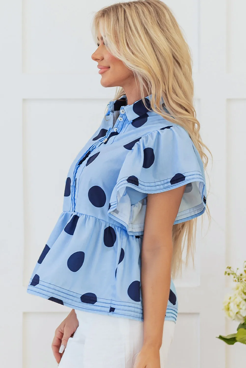 Polka Dot Ruffled Short Sleeve Blouse