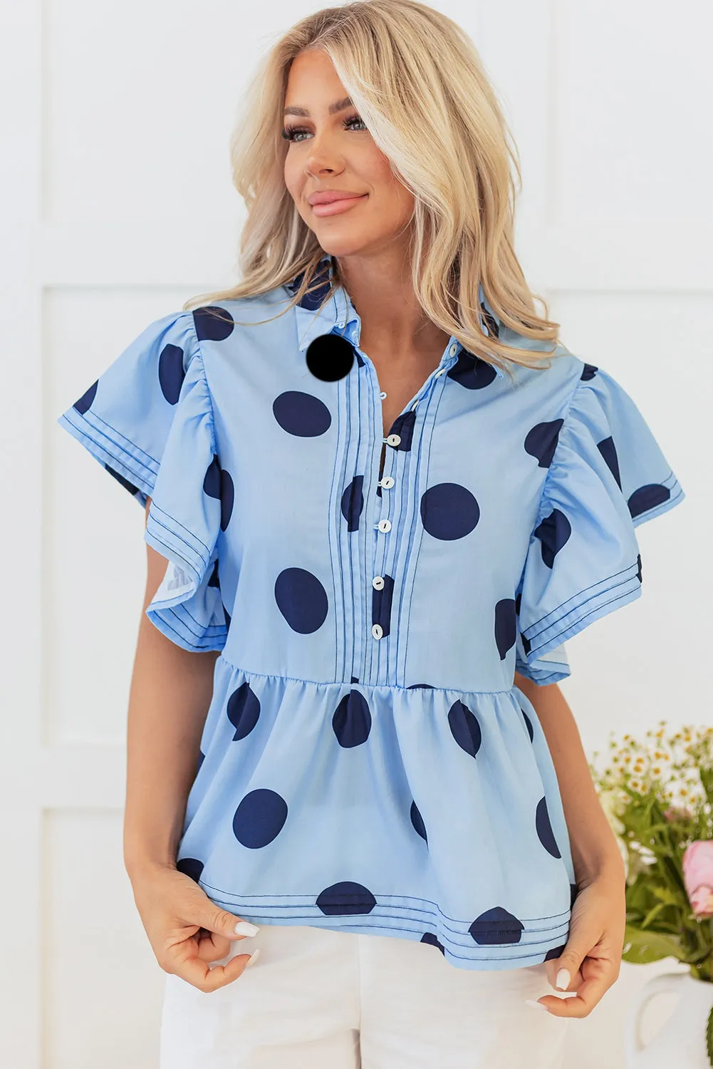 Polka Dot Ruffled Short Sleeve Blouse