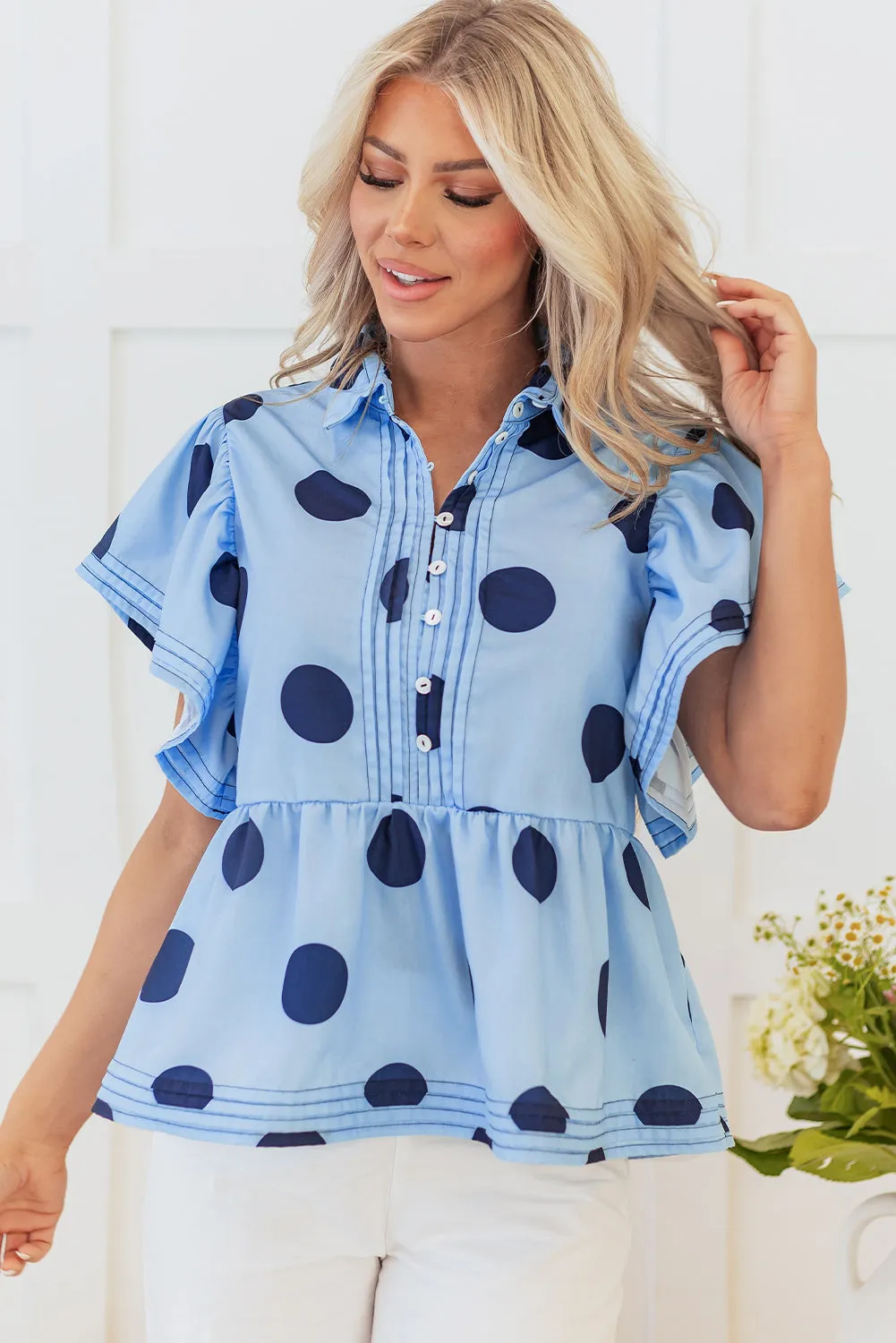 Polka Dot Ruffled Short Sleeve Blouse