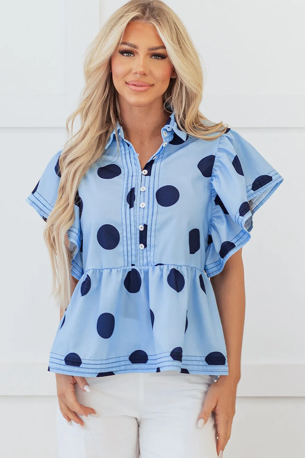 Polka Dot Ruffled Short Sleeve Blouse