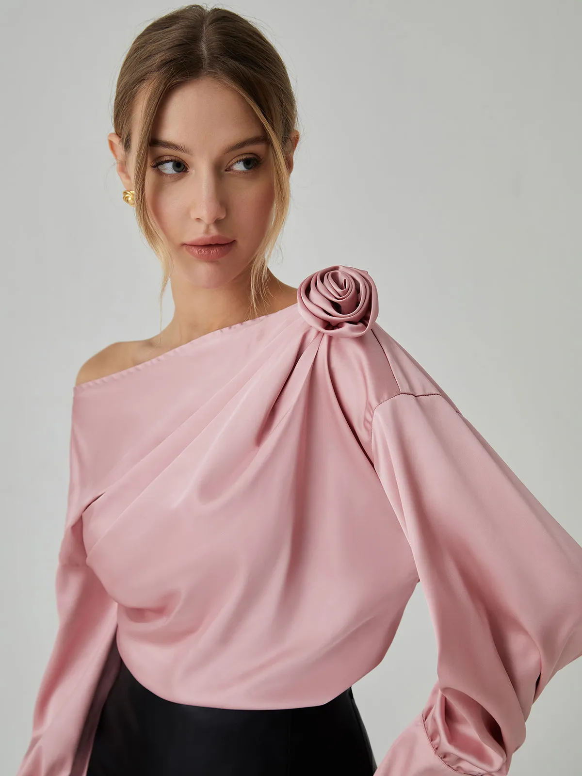 Romantic Satin Rosette Trendy Long Sleeve Blouse