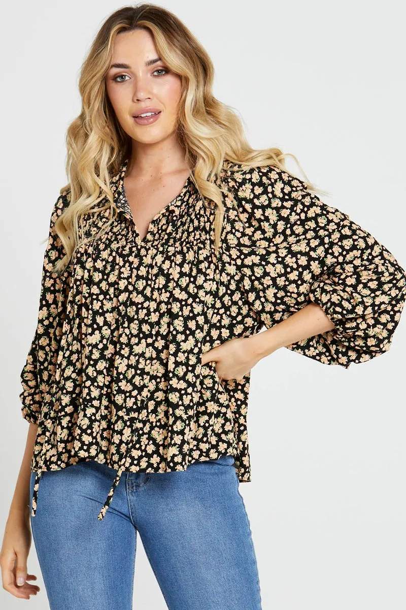 Sass - Tegan Shirred Boho Balloon Sleeve Top - Black Floral