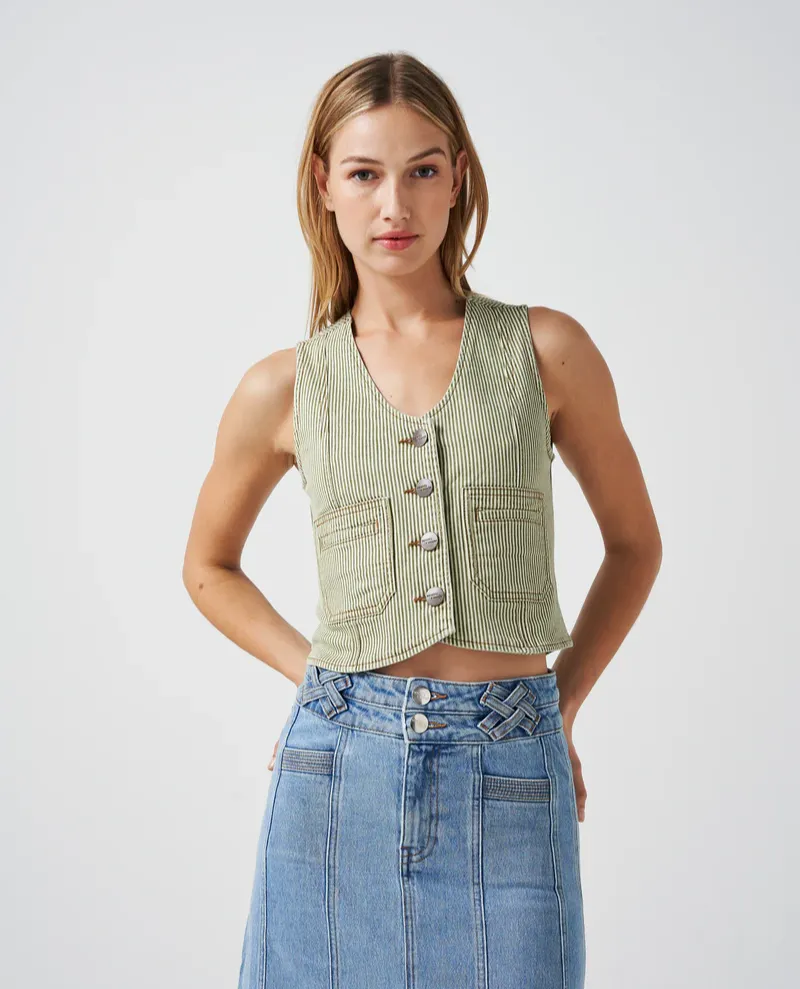 Seventy   Mochi Bea Khaki Stripe Waistcoat