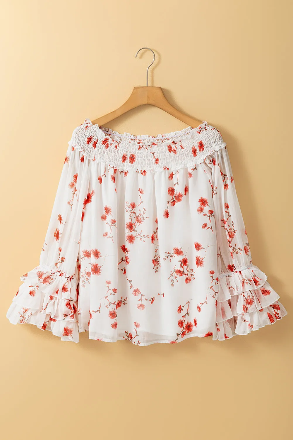 Shirred Off Shoulder Ruffled Blouse