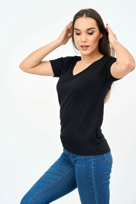 Short-Sleeved V Neck Women's T Shirt in Black