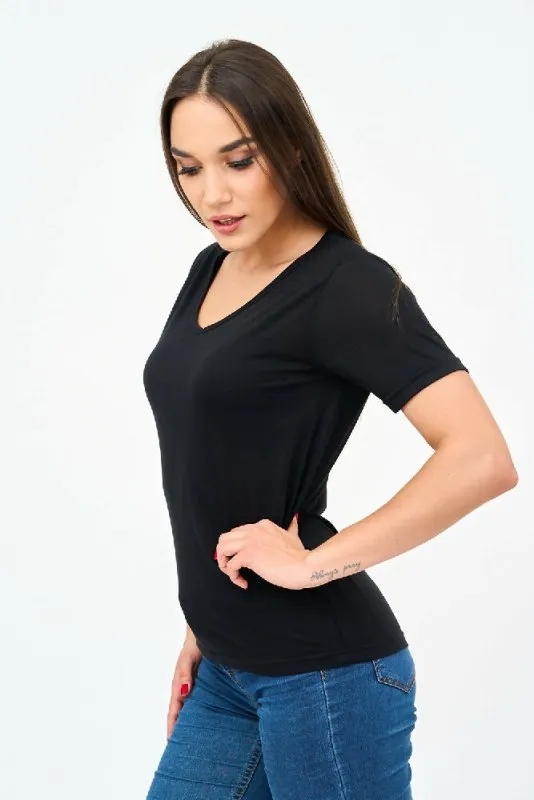 Short-Sleeved V Neck Women's T Shirt in Black