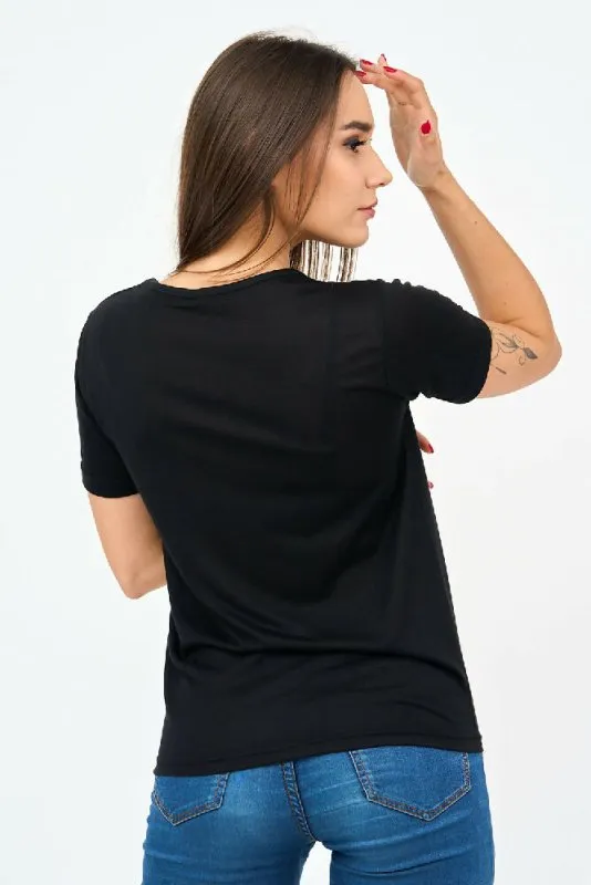 Short-Sleeved V Neck Women's T Shirt in Black