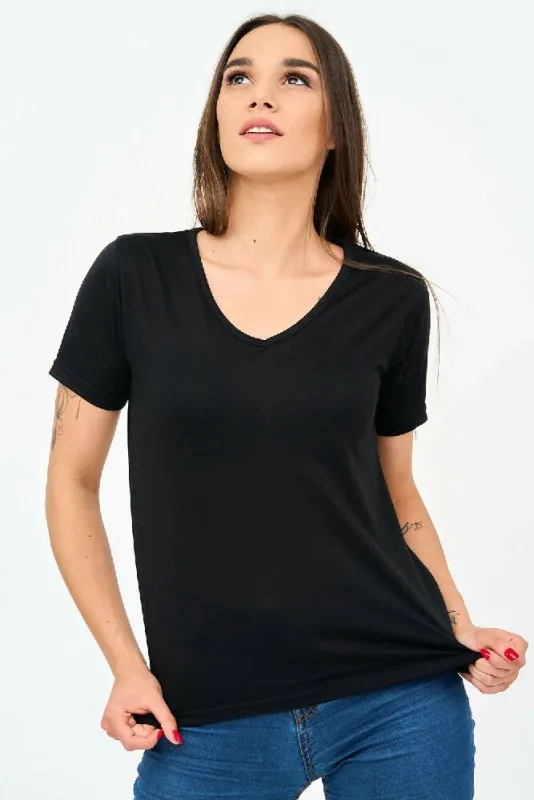 Short-Sleeved V Neck Women's T Shirt in Black