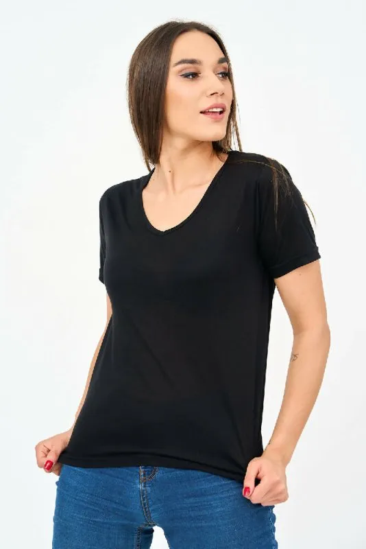 Short-Sleeved V Neck Women's T Shirt in Black